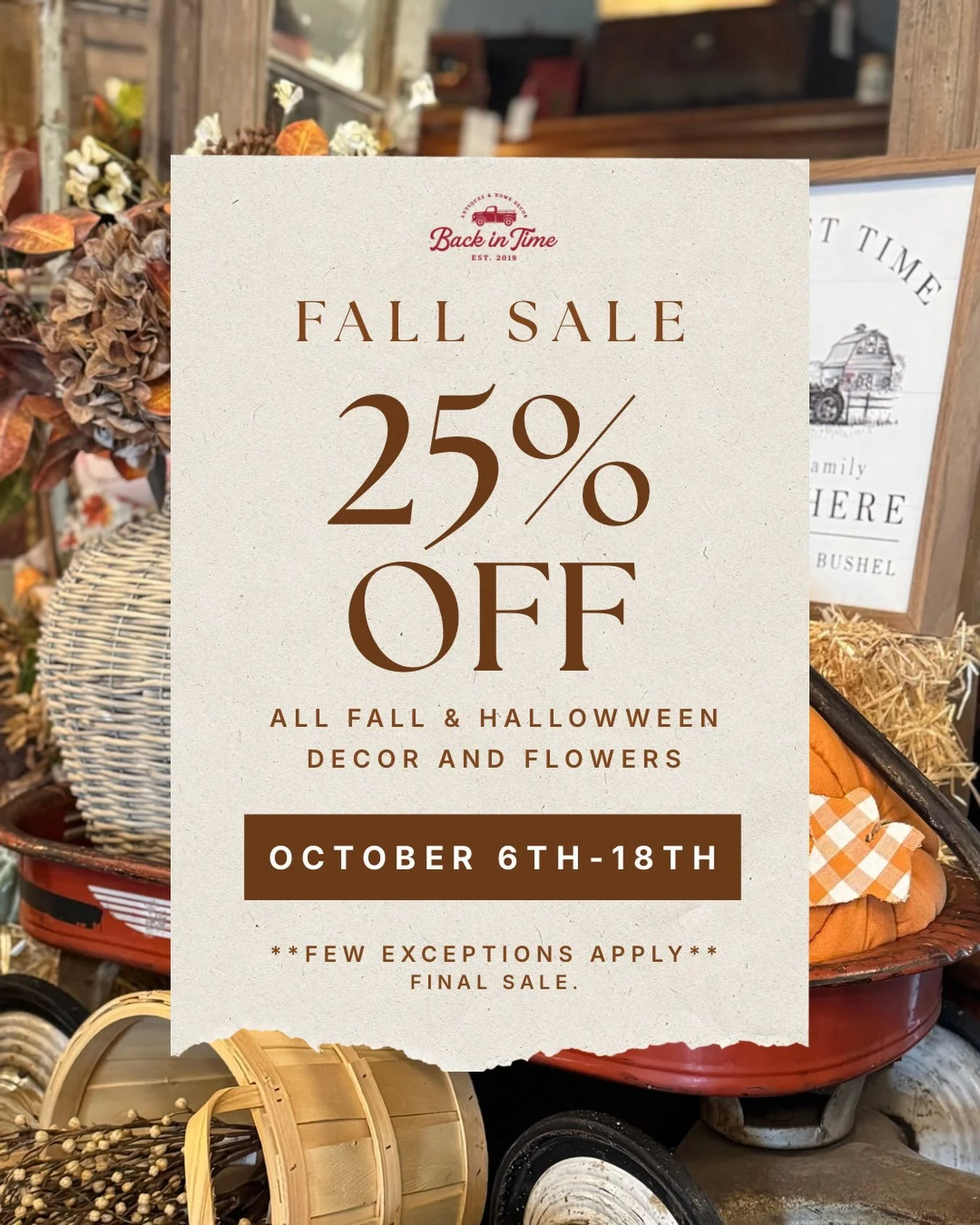Fall sale is here!🎃Take 25% OFF fall merchandise starting tomorrow, Tuesday October 6th! 🍂🍁

October 6th-18th ✨
**Few exceptions apply*
Final Sale! 

441 Main Street, Farmingdale, NY📍
.
.
.
.
.
#farmingdaleny #longislandny #longislandnewyork #fal