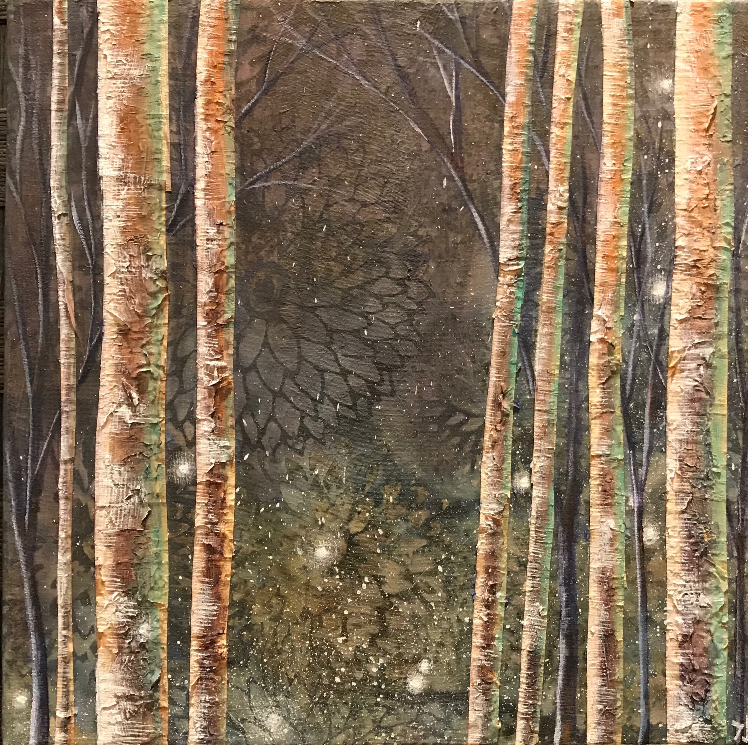  Sold Mixed Media: birch bark and acrylic on fabric. 10” x 10” 