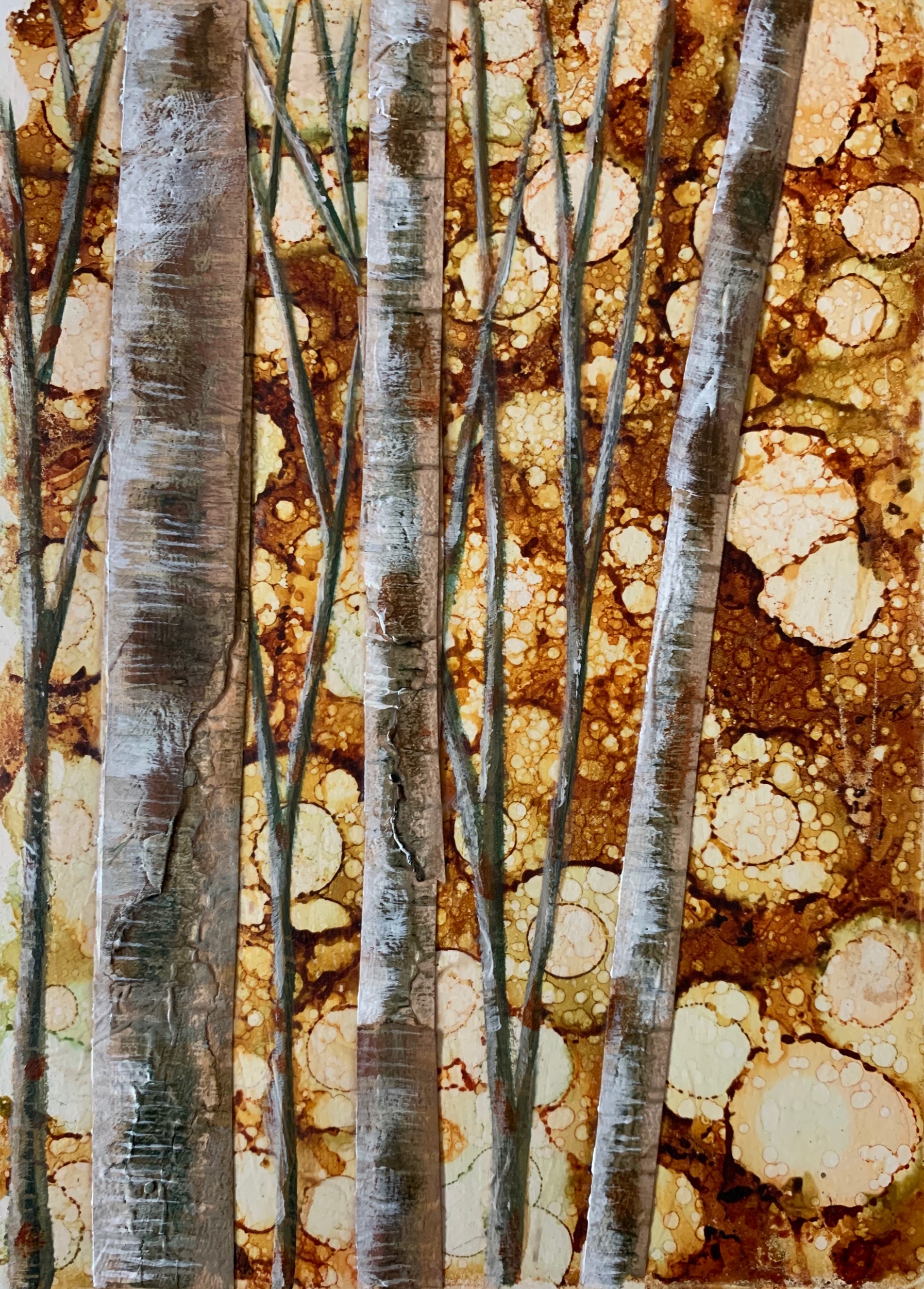  Sold Mixed Media: birch bark, gelliplate printmaking and acrylic on watercolor paper. 5” x 7” 