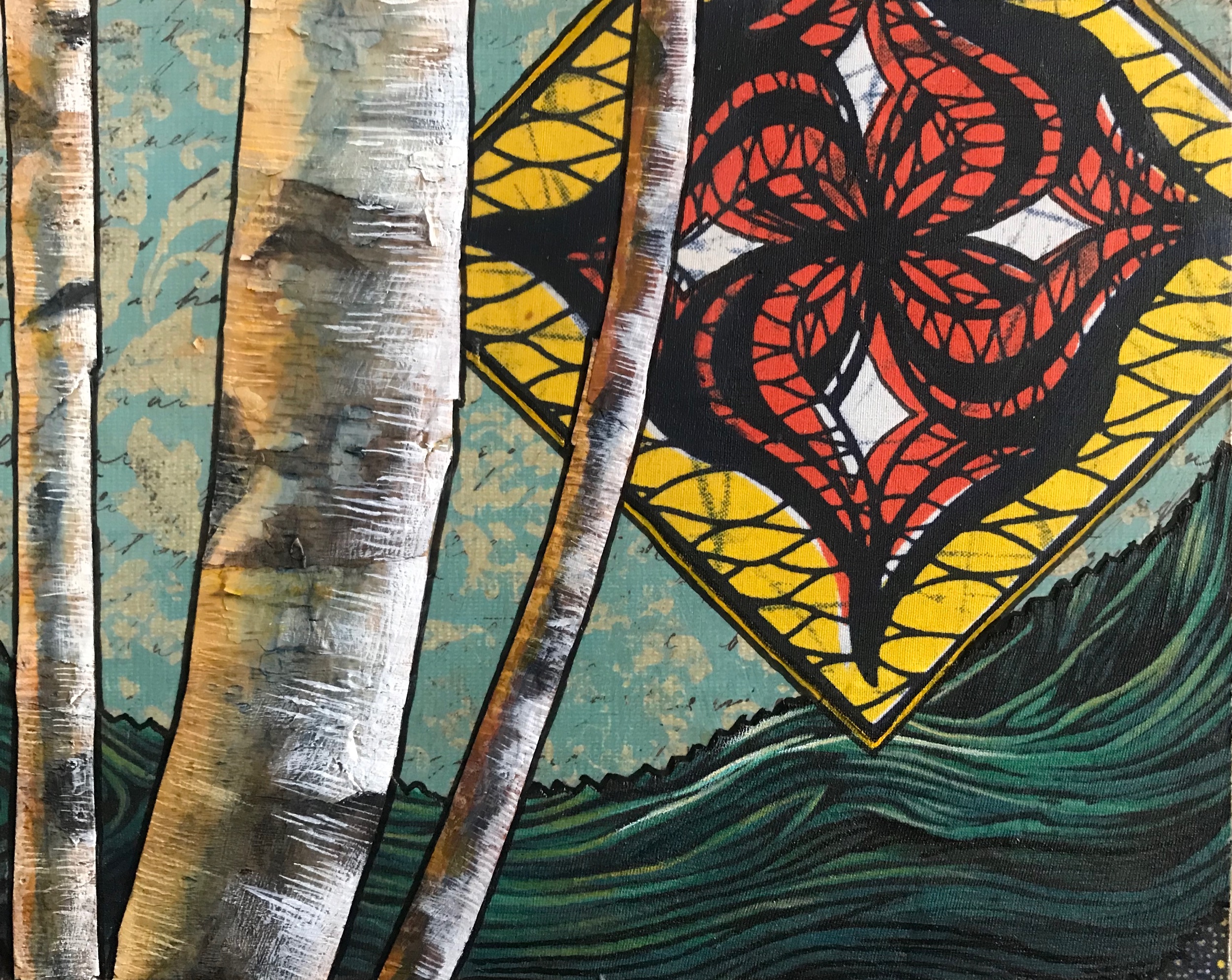  Mixed Media: birch bark and acrylic on fabric. 8” x 10” 