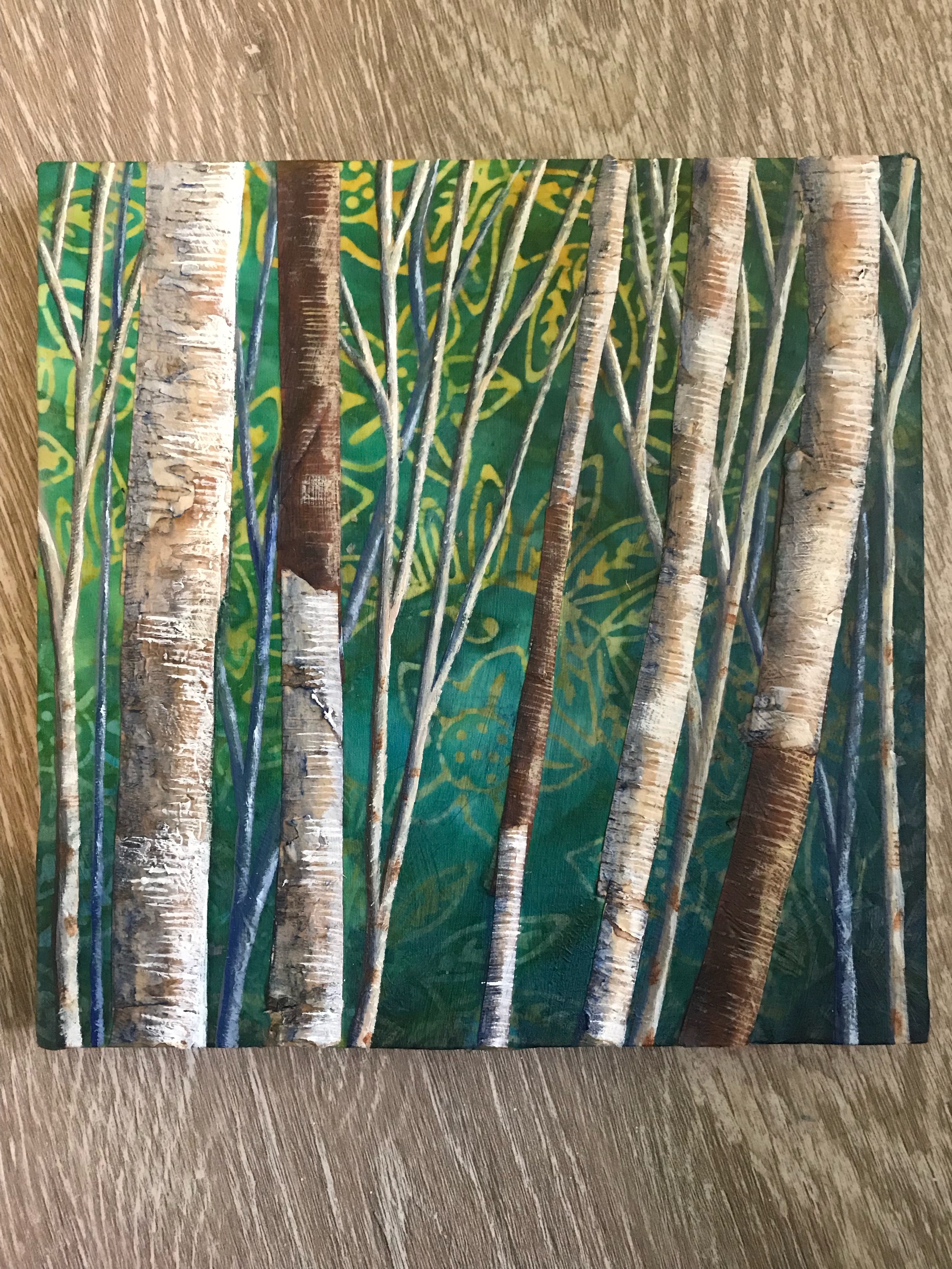 Mixed Media:  birch bark and acrylic on fabric. 8” x 8”