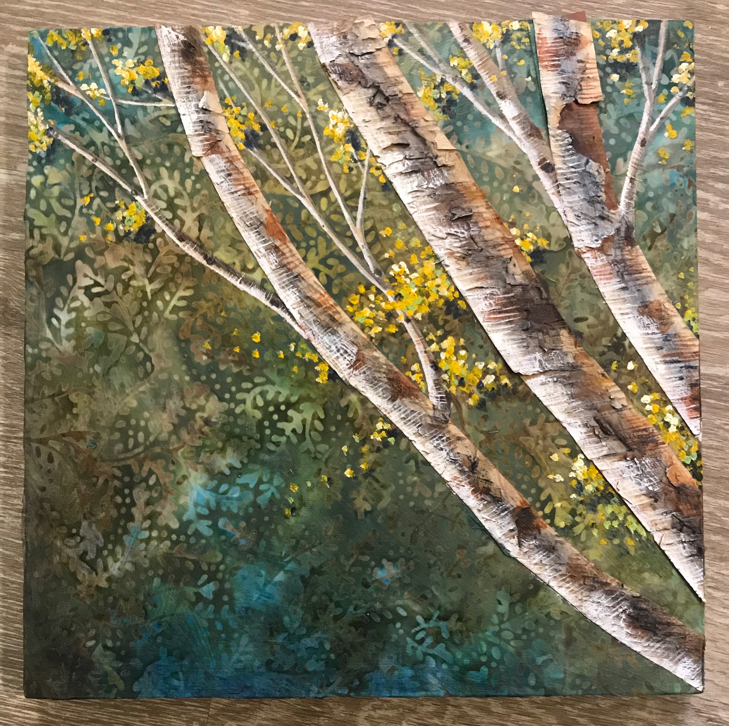  Mixed Media: birch bark and acrylic on fabric. 10” x 10” 