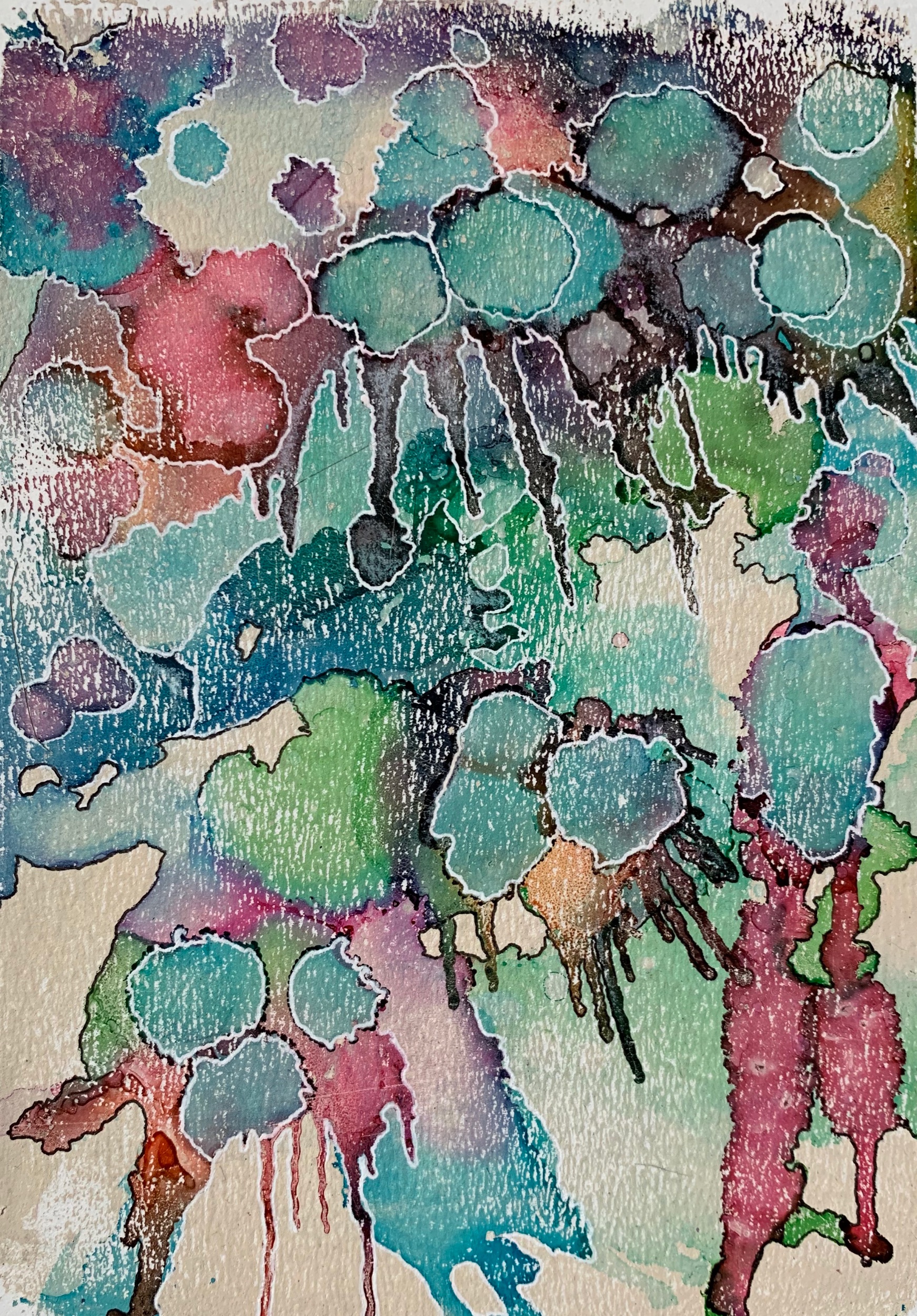  Alcohol ink and gelliplate printmaking on watercolor paper. 5” x 7” 
