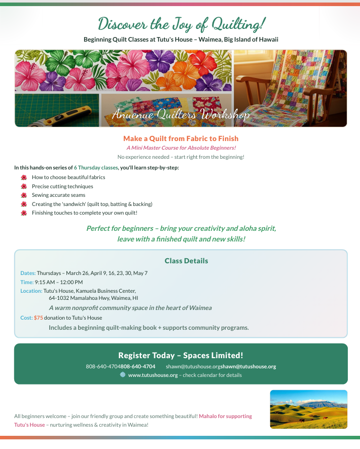 Hawaiian Quilting Classes To Benefit Tutus House 2026.png