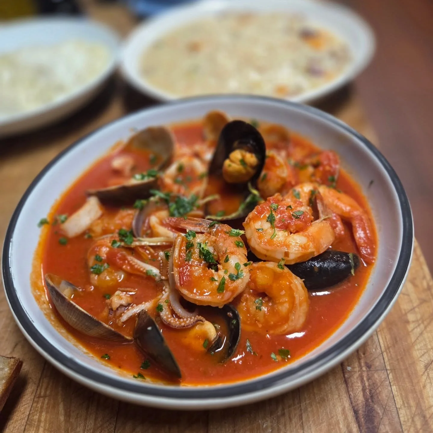 We're back tonite starting the last weekend in our residency at Broder Nord! The Zuppa di Pesce special was so good we decided to put it on the menu for the weekend - with clams, mussels, calamari and prawns in pomodoro and served with grilled focacc