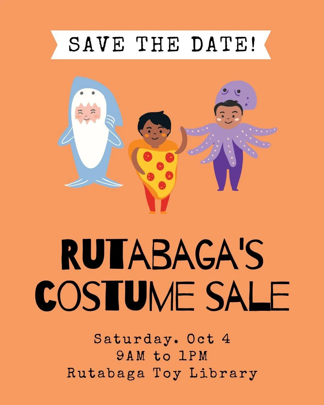 👻🎃 Costume Sale at Rutabaga! 🎃👻

Looking for the perfect Halloween costume without breaking the bank or the planet? Come shop our Costume Sale on Saturday, October 4th, 9 AM&ndash;1 PM! ✨

🌟 Find something fantastic for Halloween, dress-up, or i