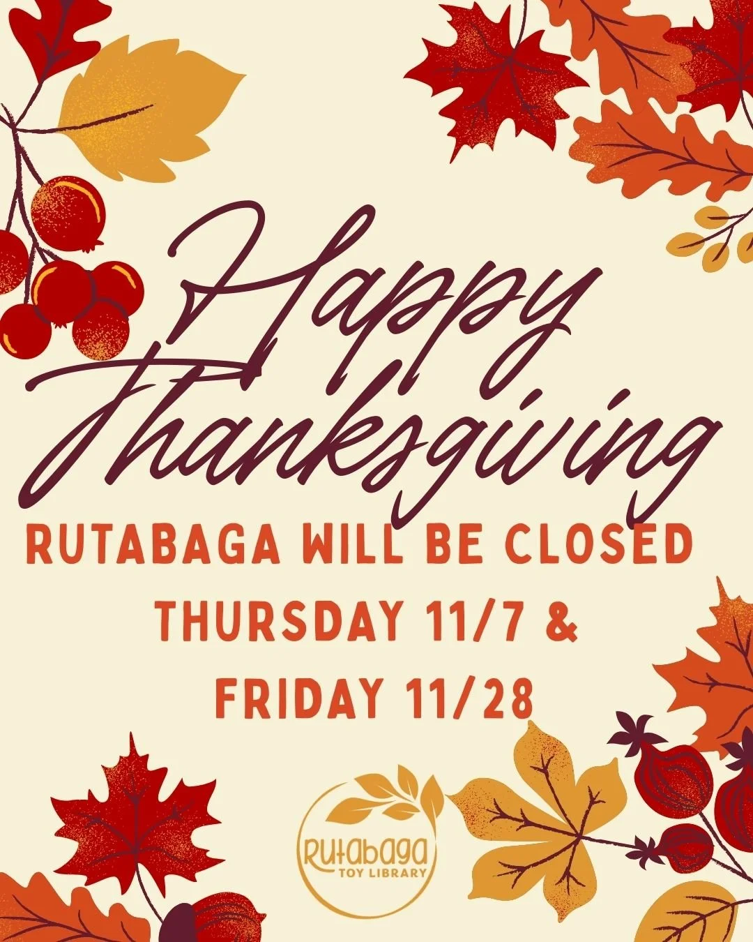 🍂 Happy Thanksgiving, Rutabaga Families! 🧡

As we head into the holiday, we&rsquo;re feeling especially grateful for our wonderful community. Thank you for being the heart of Rutabaga &mdash; for sharing toys, supporting sustainable play, showing u