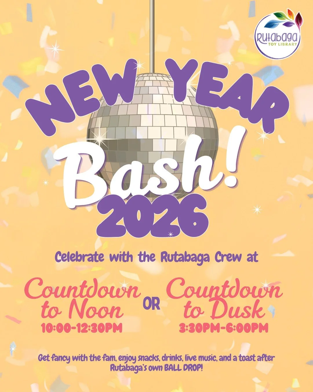 ✨🎉 Rutabaga&rsquo;s Family New Year&rsquo;s Eve Party 🎉✨

Ring in the new year with your little ones &mdash; all before bedtime! Join us at Rutabaga Toy Library for a magical, family-friendly New Year&rsquo;s Eve celebration filled with fun, music,