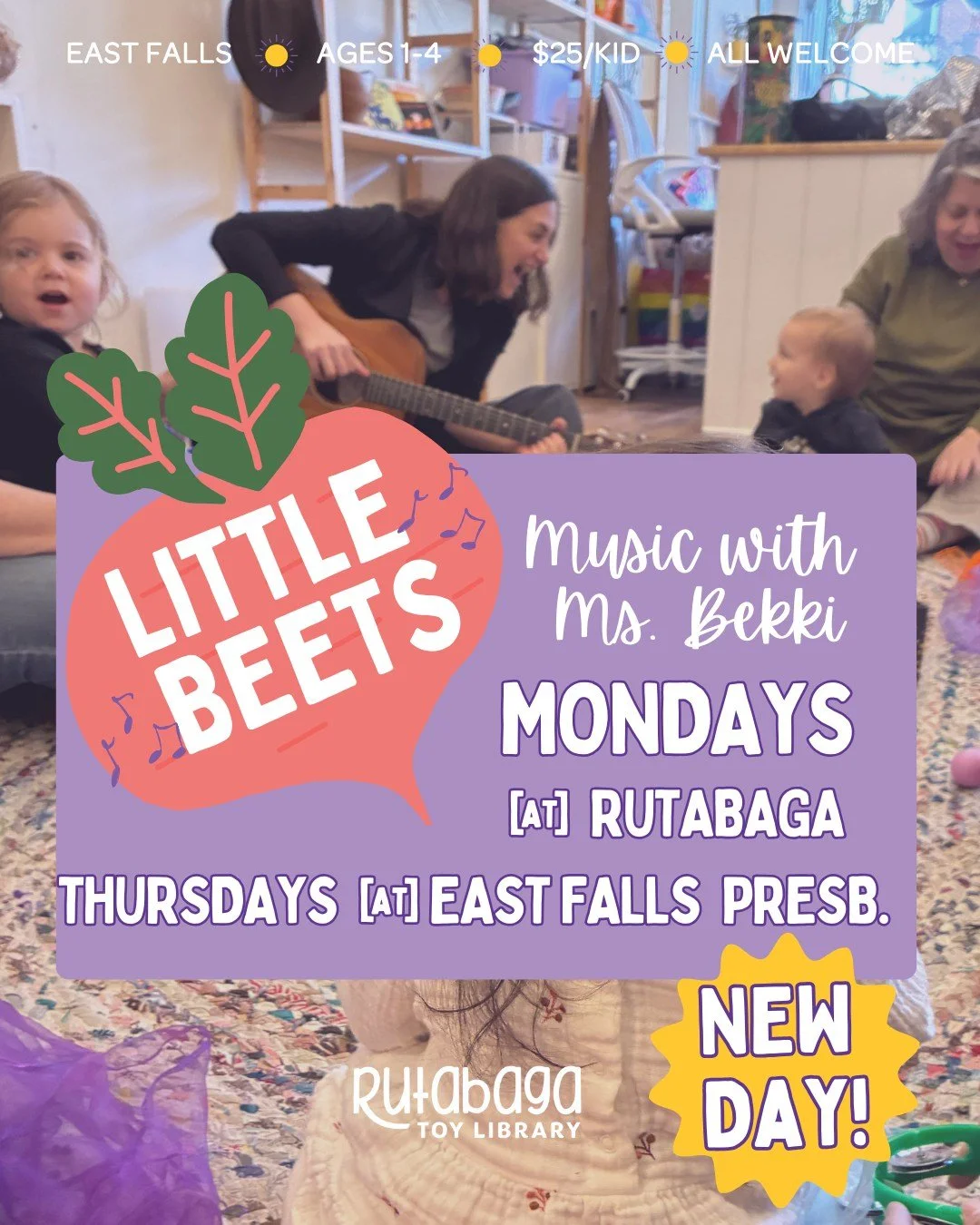 Big news! 🎶 Little Beets Music Class is now happening two days a week!
✨Mondays at Rutabaga
✨Thursdays at East Falls Presbyterian Church (3800 Vaux St)

💚 Still 9:30-10:30 

That means twice the songs, twice the joy, twice the music and laughter - 