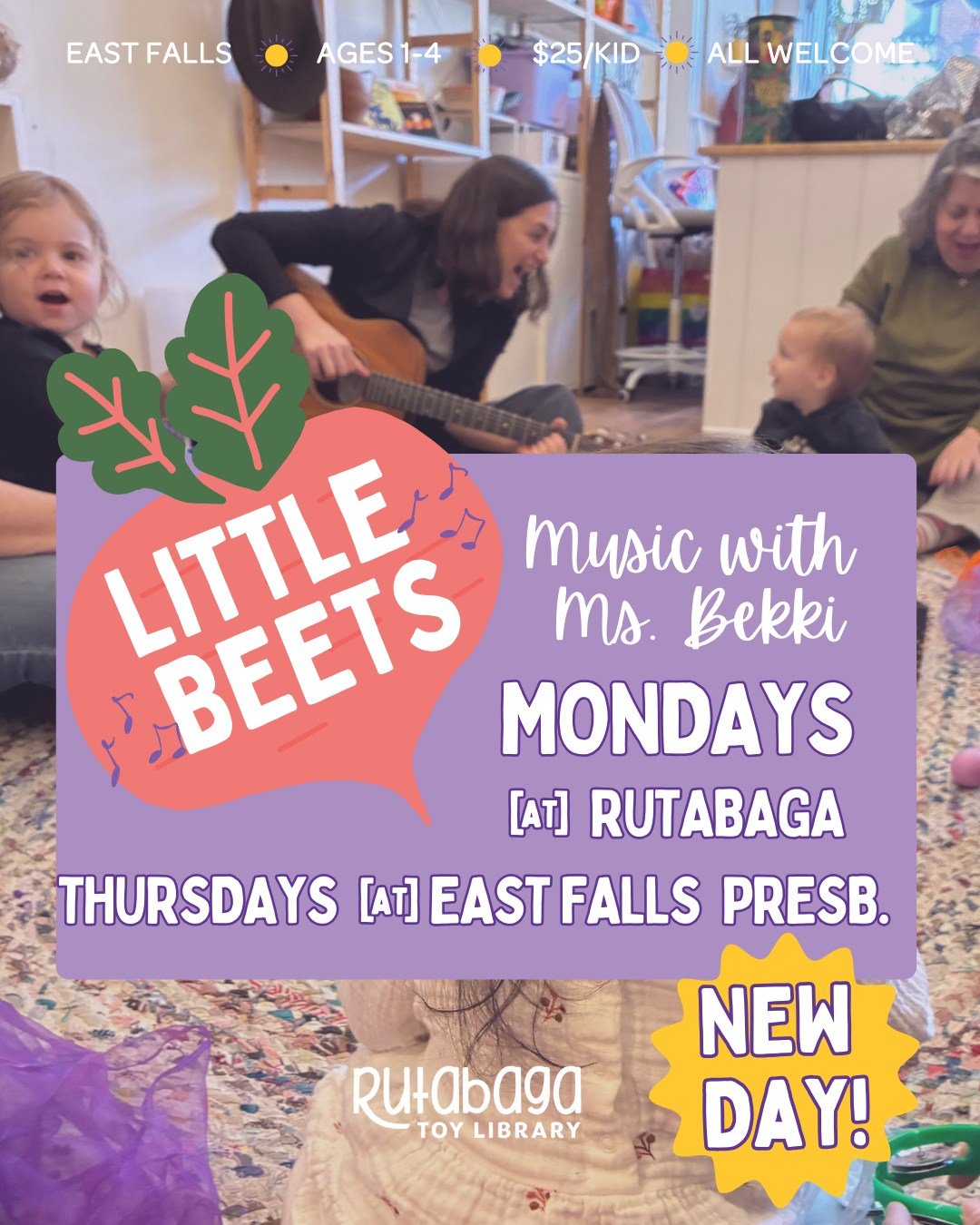 Big news! 🎶 Little Beets Music Class is now happening two days a week!
✨Mondays at Rutabaga
✨Thursdays at East Falls Presbyterian Church (3800 Vaux St)

💚 Still 9:30-10:30 

That means twice the songs, twice the joy, twice the music and laughter - 