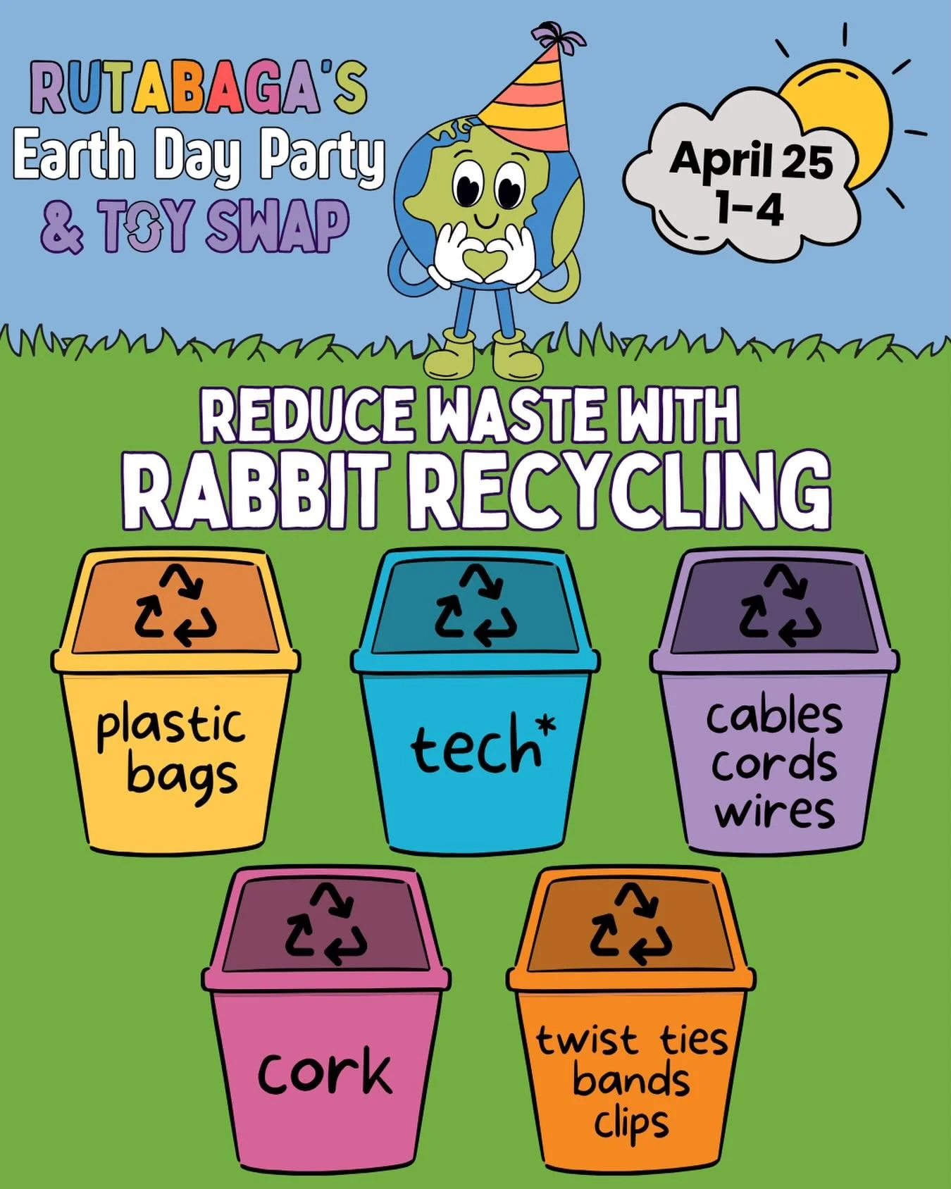 We&rsquo;re so excited for Rabbit Recycling to join us at our Earth Day Party &amp; Toy Swap! They&rsquo;ll be helping us reduce waste by collecting your hard-to-recycle materials, so dig through your junk drawers and get rid of your accumulated bits