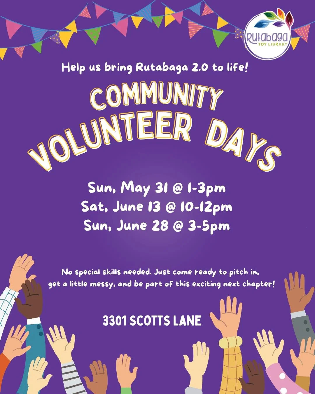 We need your hands! 🧤🌱

Come help us get our new space ready! We're hosting Community Volunteer Days and we want YOU to be part of it.

Scrub walls. Mop floors. Scrape gum (it used to be a school, so yes&hellip; there is gum). Pull weeds. Be a Work