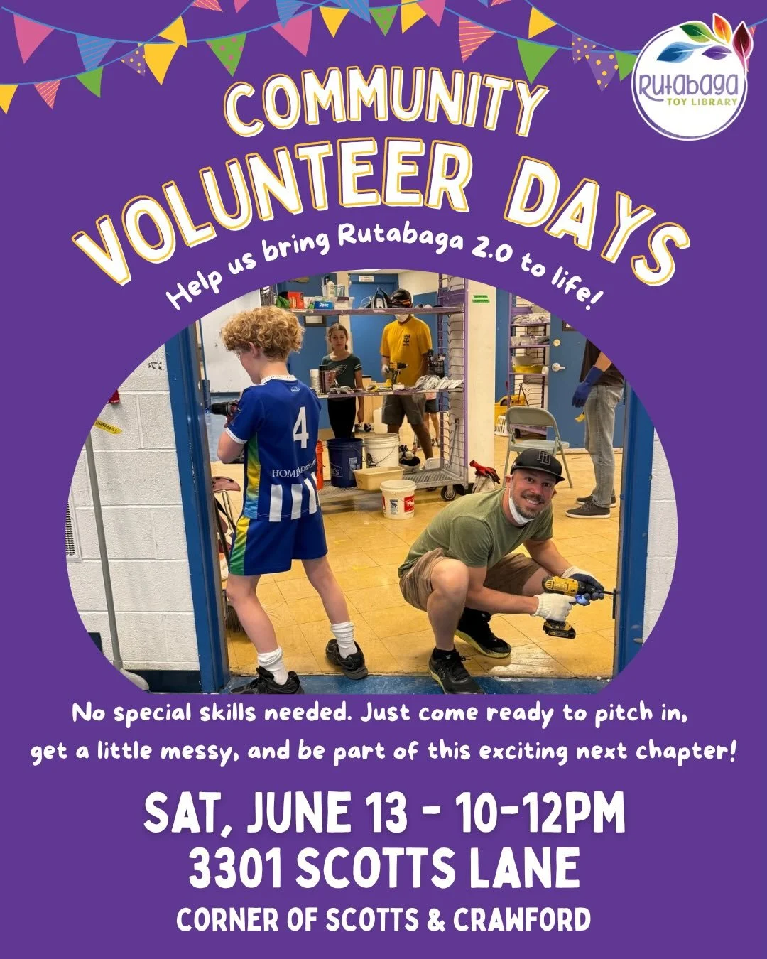 ☎️ Calling community! Our next Community Volunteer Day is this Saturday, June 13 from 10am-12pm at 3301 Scotts Lane (corner of Scotts &amp; Crawford).

Join us at Rutabaga 2.0 to help us clean, haul, organize, and dream big about our future home. No 