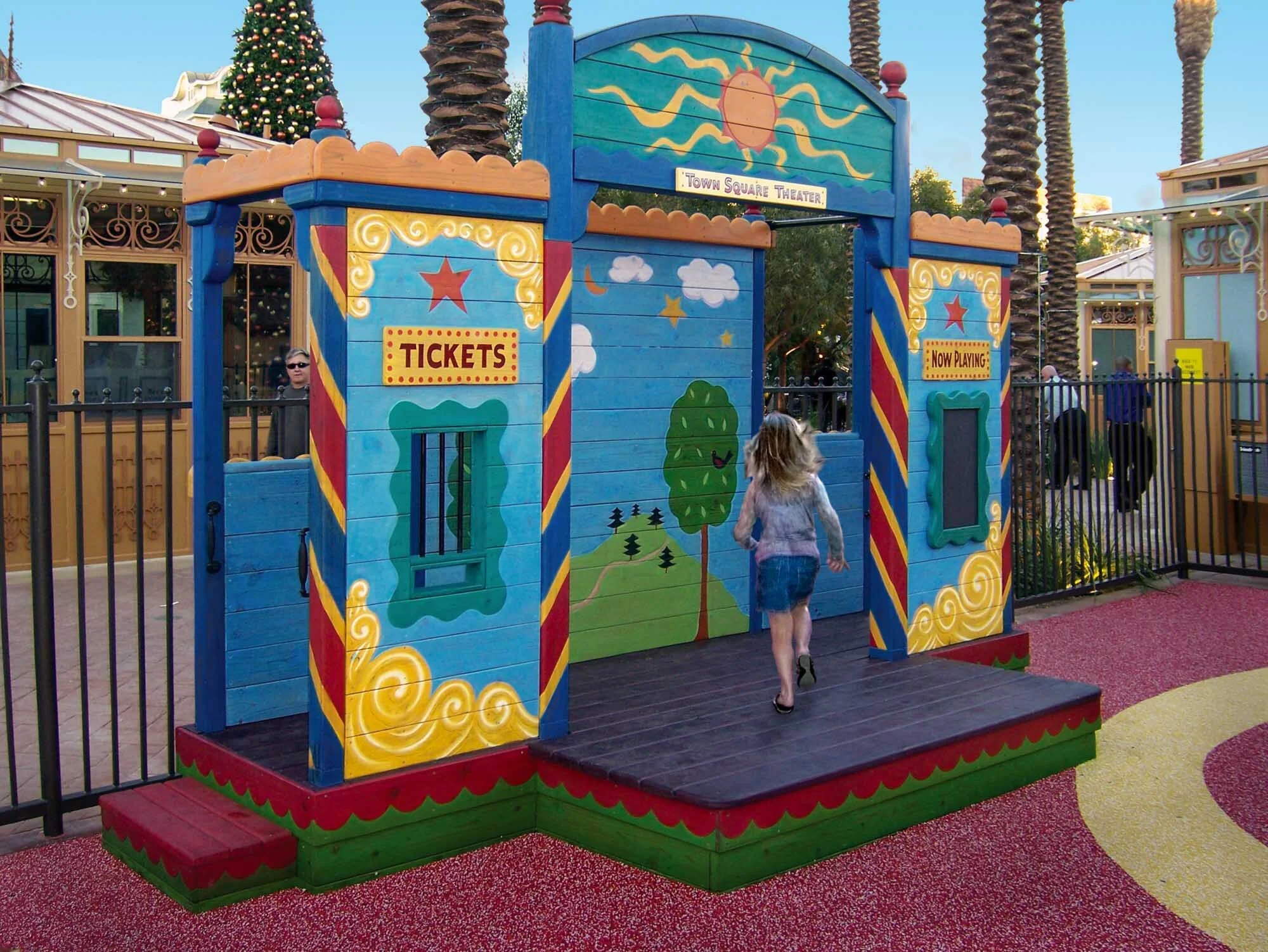  The old-fashion Ticket Window is a big hit with kids and the Now Playing chalkboard can be used to announce the starting time for the next event. The side wings also provide a place to wait unseen until your turn to be on stage arrives. 