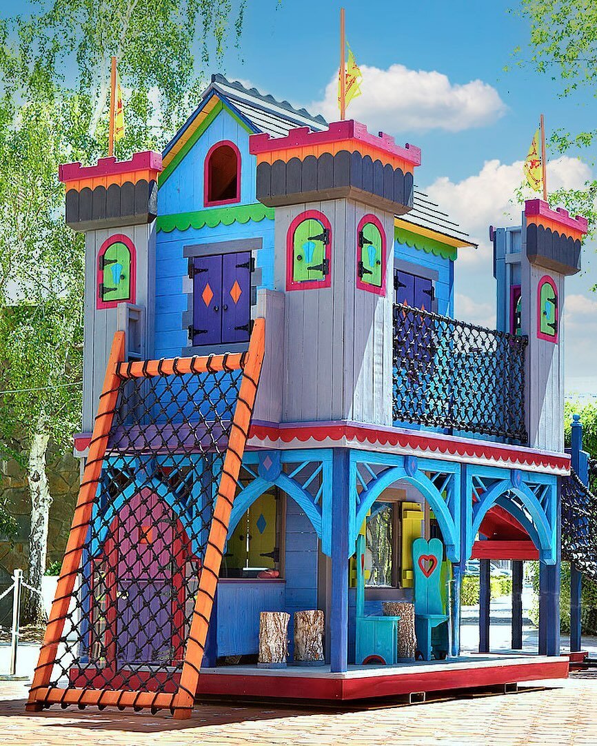 Play abounds in this colorful 2-story castle playhouse! One part play fort, one part castle and one part relaxing porch, there is enough variety on this play structure to keep your kids and all their friends entertained all summer long.

#kidsactivit