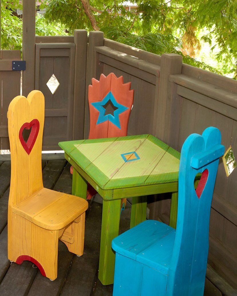 Eat, draw, play games and relax. 

Hand carved wood chairs and table are an optional accessory for your play structure.

#treehouse #kidstreehouse #treehouselife #treehousecabin #clubhouse #playhouse #kidsplayhouse #retreat #luxurytreehouse #summerac