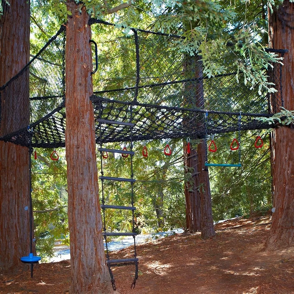 The Treepoline is not only a fun hangout for older kids, but it provides challenging play with the additional hand-over-hand rings and turning bar below. Rope netting covers a sturdy wire frame securely attached to the trees.

#ropenethangout #treene