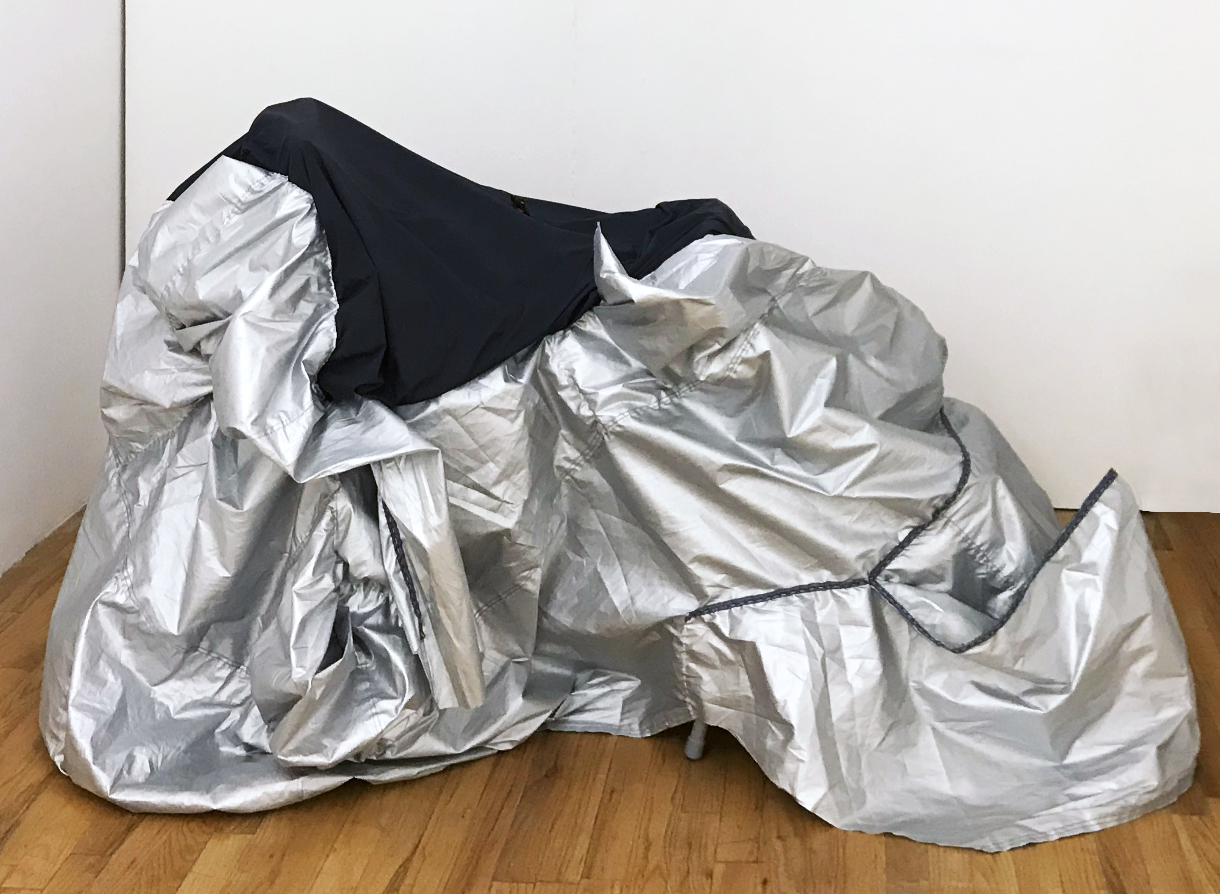  Laura Hunt,  Motorcycle Cover 3 , 2018, silk velvet, nylon, and three altered motorcycle covers with hand-sewing, approximately 66 x 42 inches, dimensions variable. 