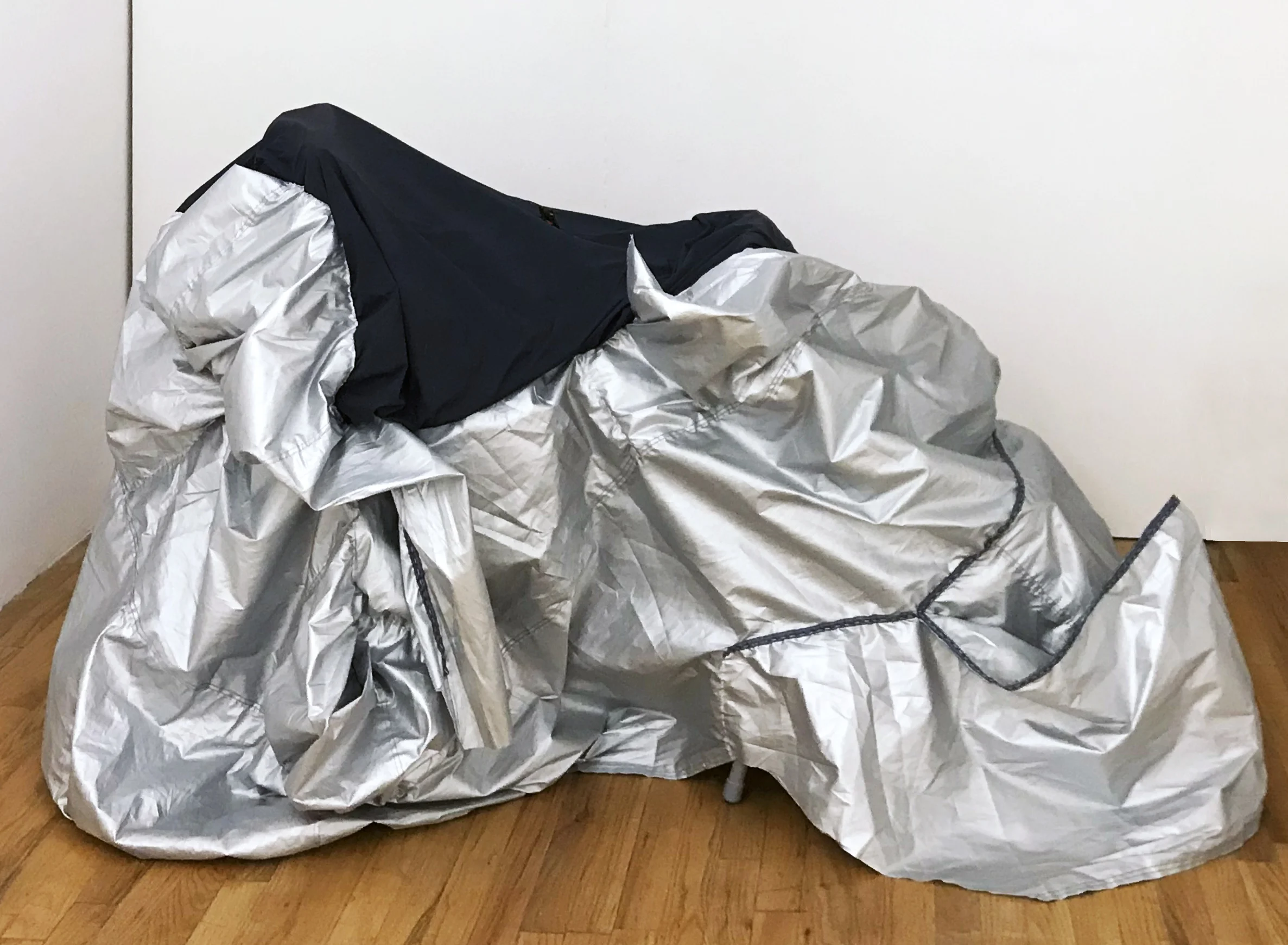 Laura Hunt, Motorcycle Cover 3 , 2018, silk velvet, nylon, and three altered motorcycle covers with hand-sewing, approximately 66 x 42 inches, dimensions variable.