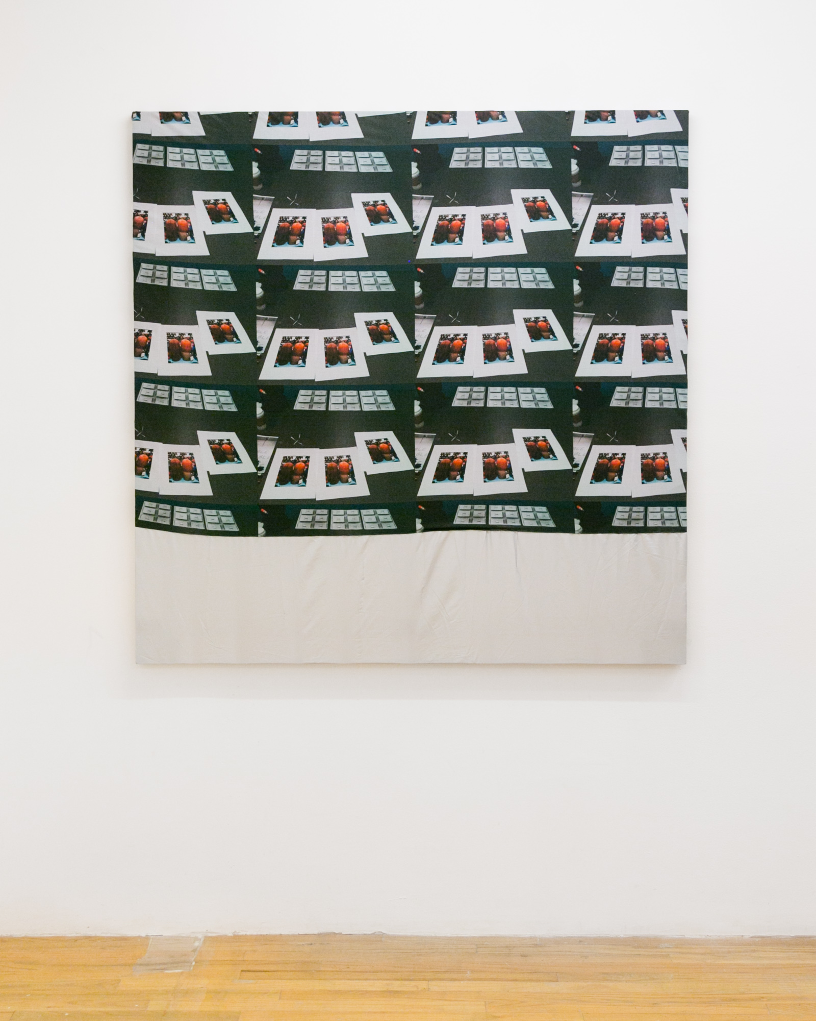  Laura Hunt,  Untitled , 2018, custom printed cotton and altered motorcycle cover with hand-sewing, 48 x 48 inches. 