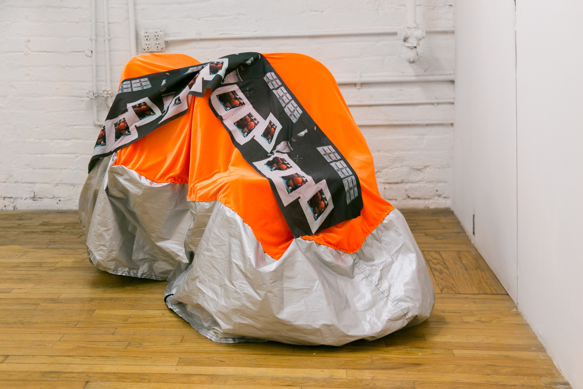  Laura Hunt,  Motorcycle Cover 2 , 2018, custom printed cotton, velvet, and altered motorcycle cover with hand-sewing, approximately 60 x 36 inches, dimensions variable. Installation view, Laura Hunt,  Motorcycle Covers , 2018, 321 Gallery, Brooklyn,