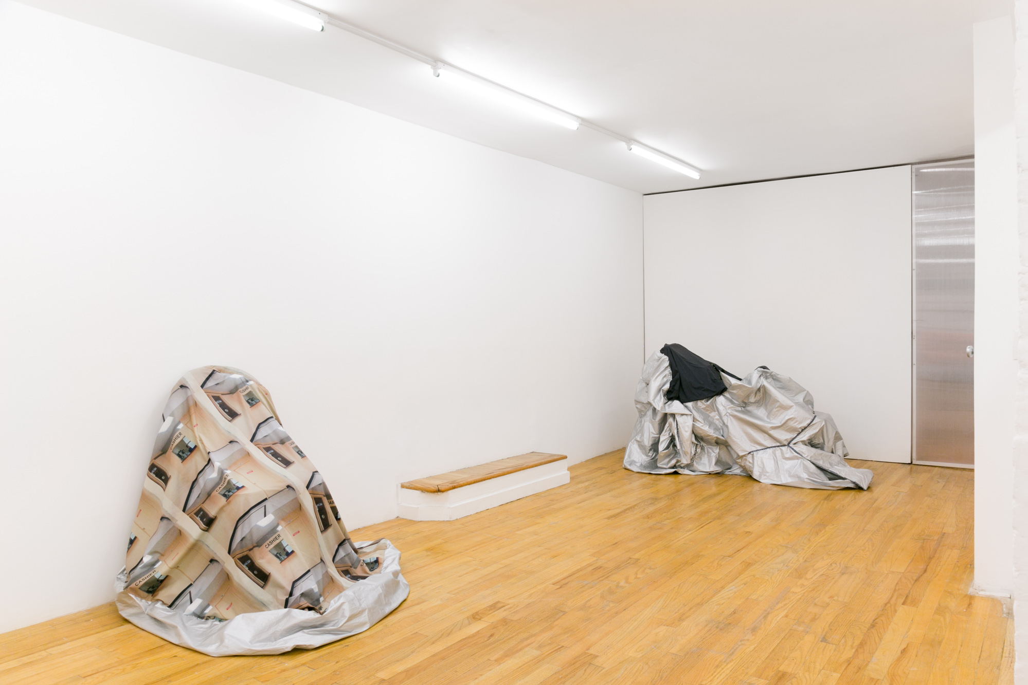  Installation view, Laura Hunt,  Motorcycle Covers , 2018, 321 Gallery, Brooklyn, NY. 