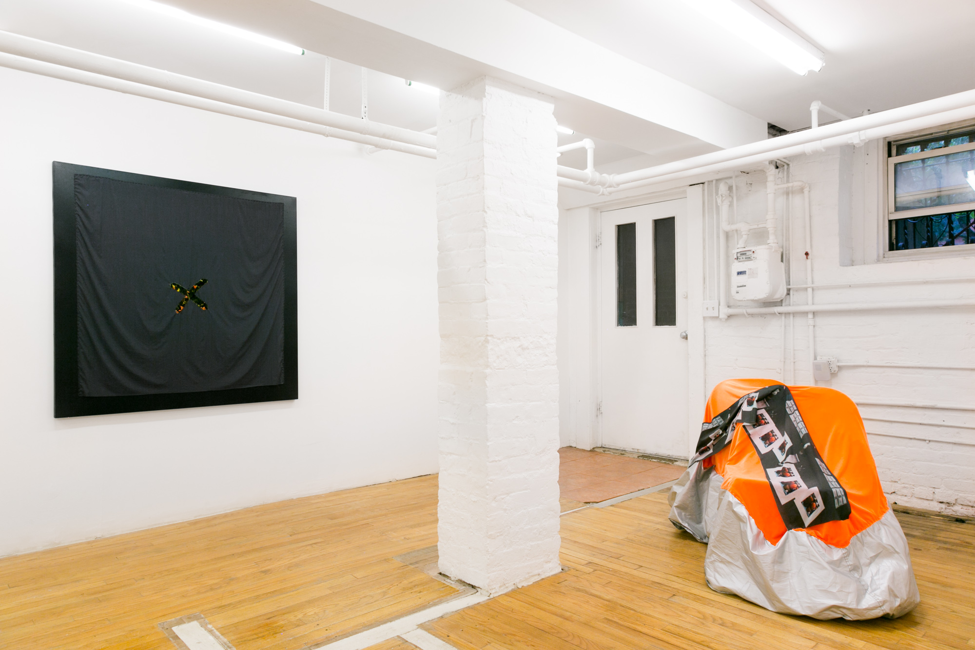  Installation view, Laura Hunt,  Motorcycle Covers , 2018, 321 Gallery, Brooklyn, NY. 