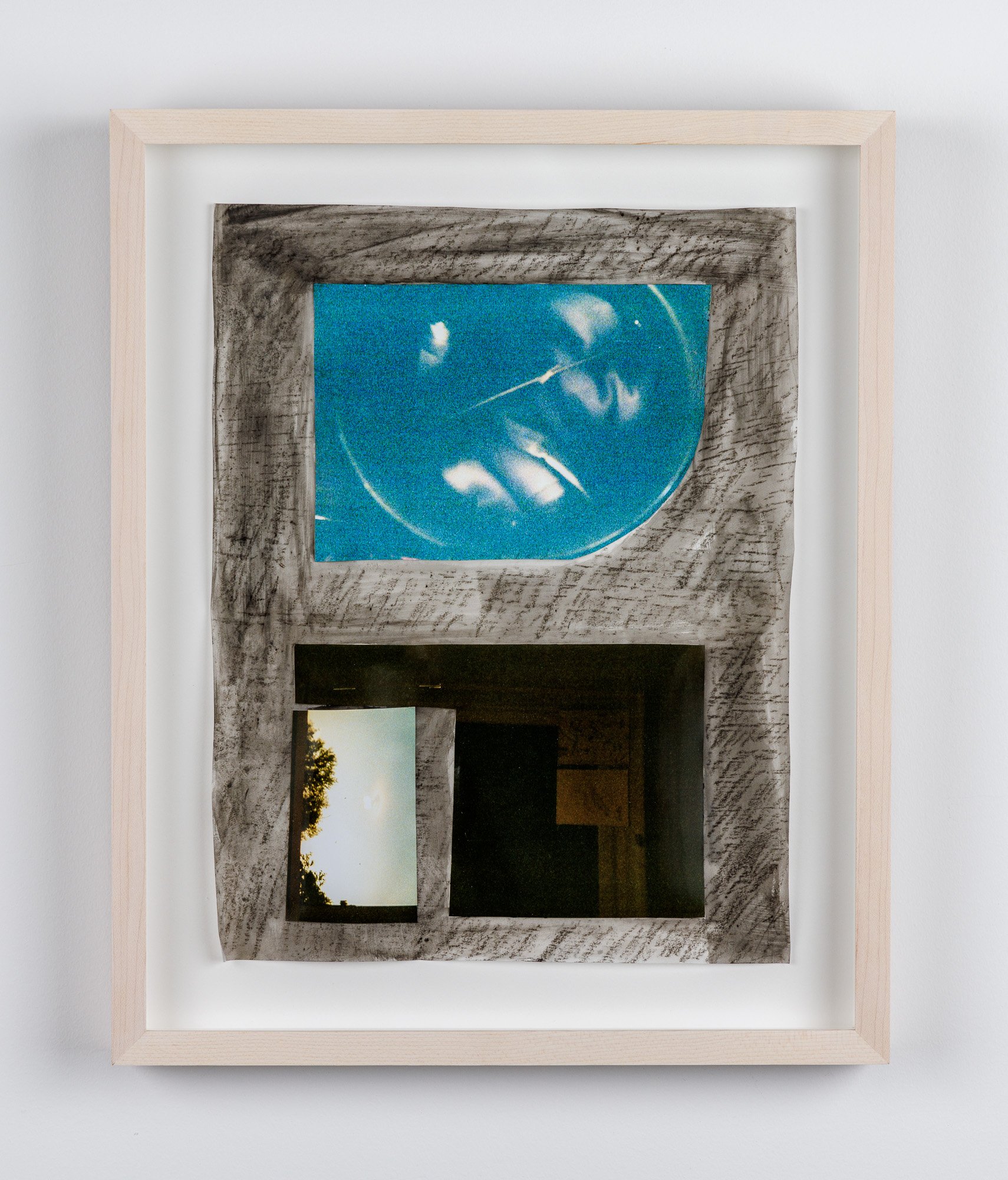  Laura Hunt,  Untitled (dyeing fabric and night window) , 2019, crayon, watercolor, and photo collage on vellum; framed, 13.75 x 11.25 inches. 