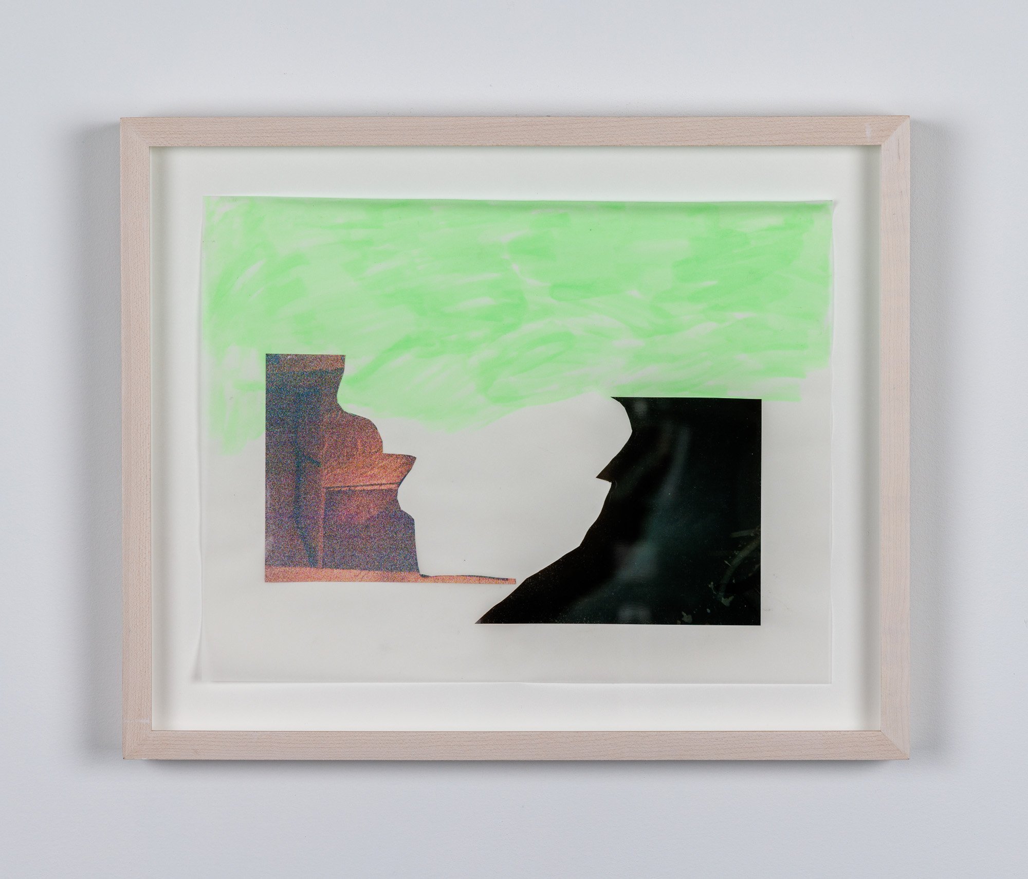  Laura Hunt,  Untitled (face or vase, landscape) , 2019, photo collage and fabric marker on vellum, framed, 11.25 x 13.75 inches. 