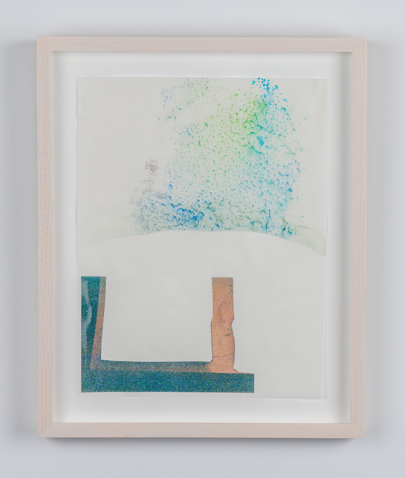  Laura Hunt,  Untitled (light spray) , 2019, photo collage and watercolor on vellum, framed, 13.75 x 11.25 inches. 