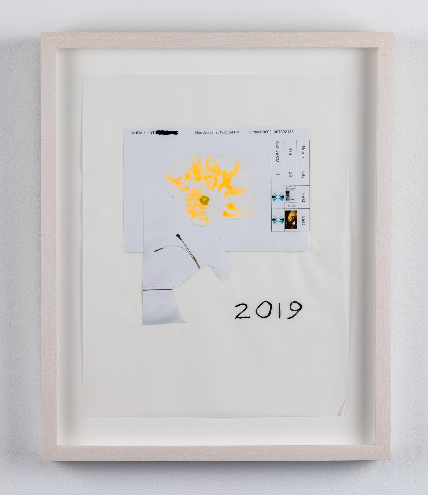  Laura Hunt,  2019 , 2019, photo collage, watercolor, and fabric marker on vellum; framed, 13.75 x 11.25 inches. 