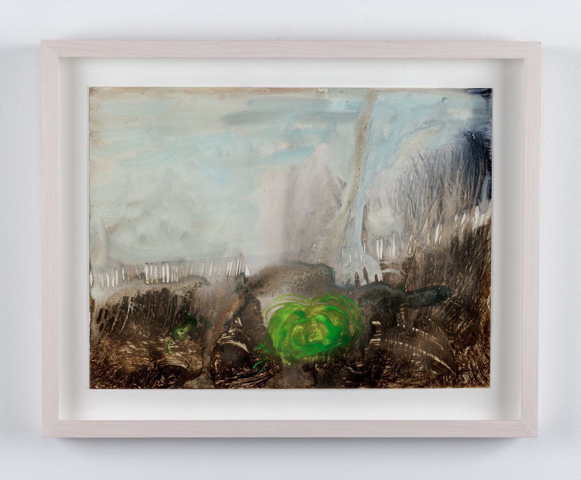  Laura Hunt,  Untitled (stormy landscape with green) , 2021, watercolor on Yupo, framed, 11.75 x 14.75 inches. 