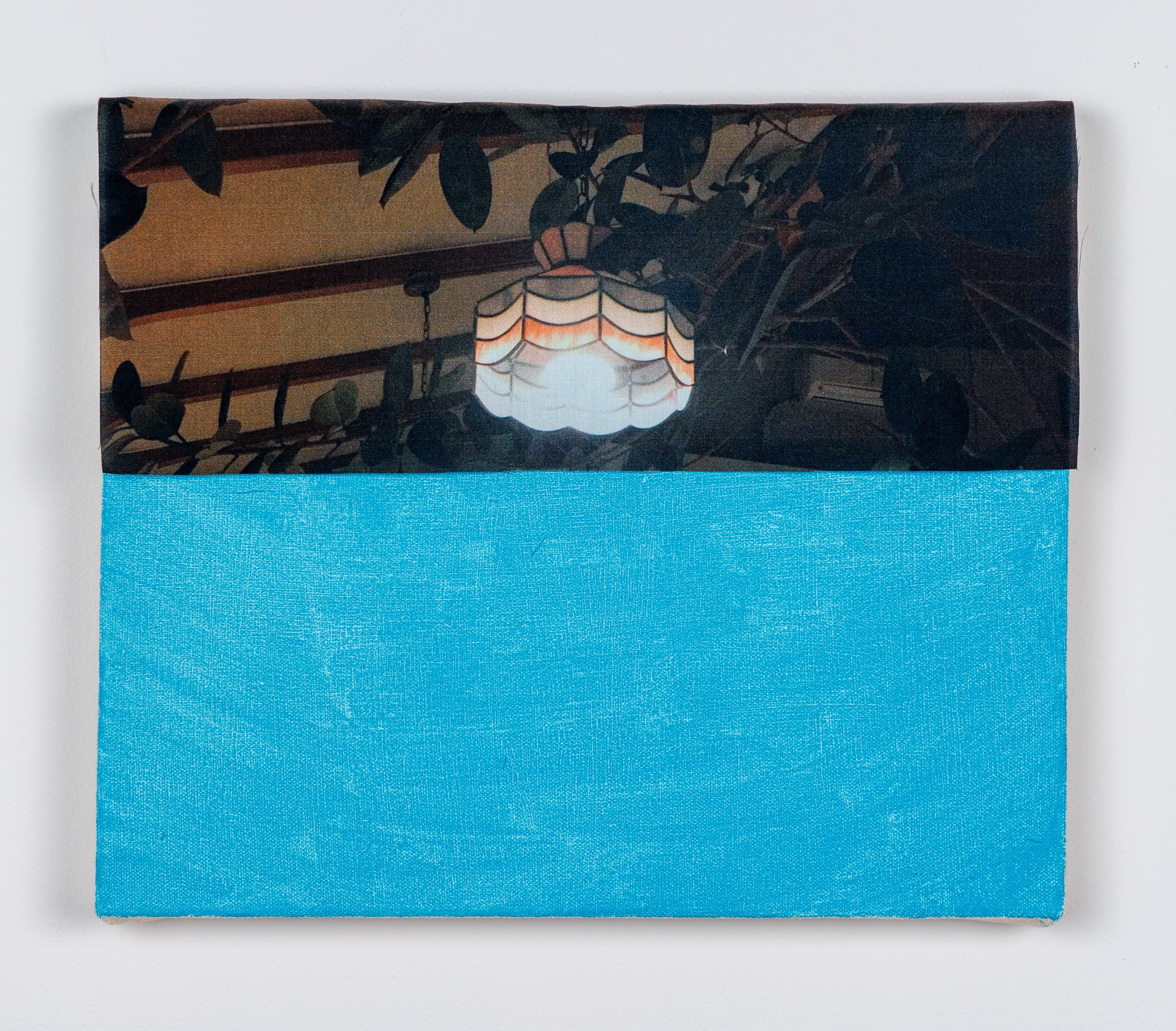  Laura Hunt,  Restaurant Lamp , 2019, watercolor and printed cotton on canvas, 10 x 12 inches. 