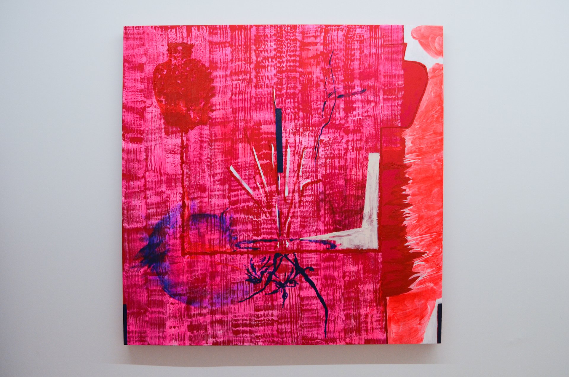  Laura Hunt,  Flowers Everywhere Except the Vase , 2015, oil, acrylic, and ink on Spandex, 48 x 48 inches. 