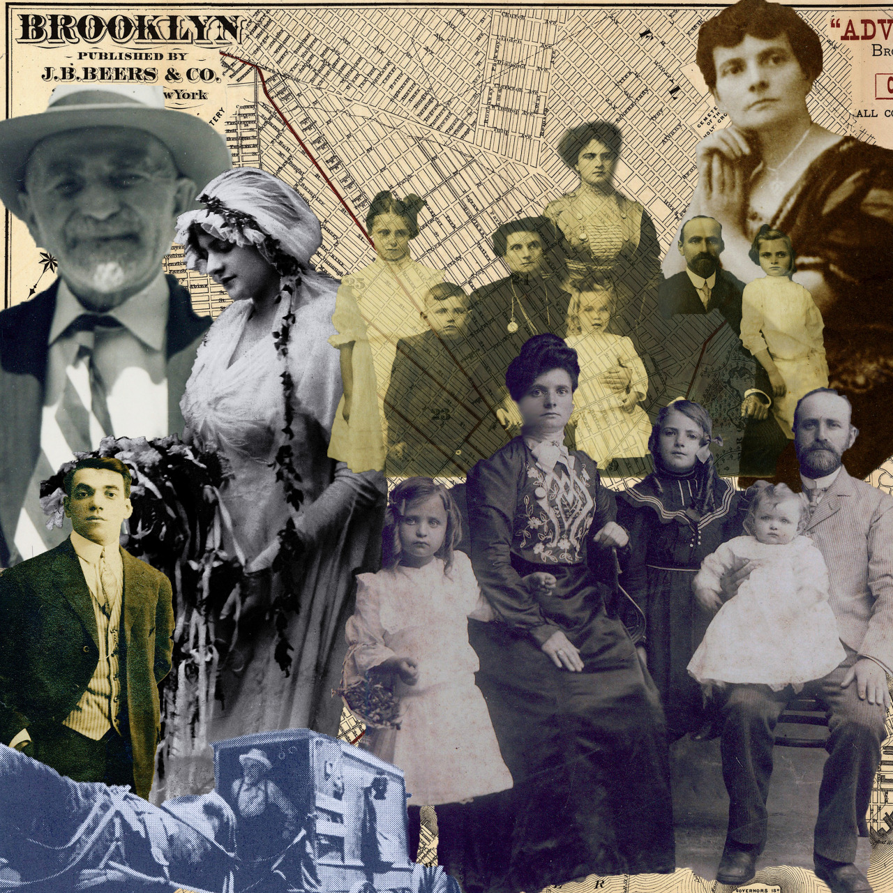  film &amp; photoshop   This family montage, spanning the 20th century, includes my great great grandfather Solomon delivering goods on horse and wagon. I cropped these photos together over an old map of Brooklyn, where they lived. I enjoy these form