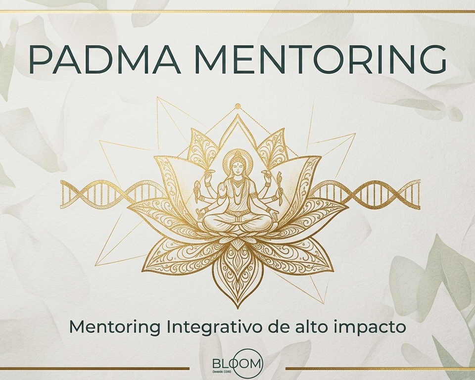 Atractivo cartel con el título 'Padma Mentoring', ilustración dorada de un ser en la posición de loto con atributos espirituales, y una frase que dice 'Mentoring Integrativo de alto impacto', fondo con hojas y logo de BLOOM.