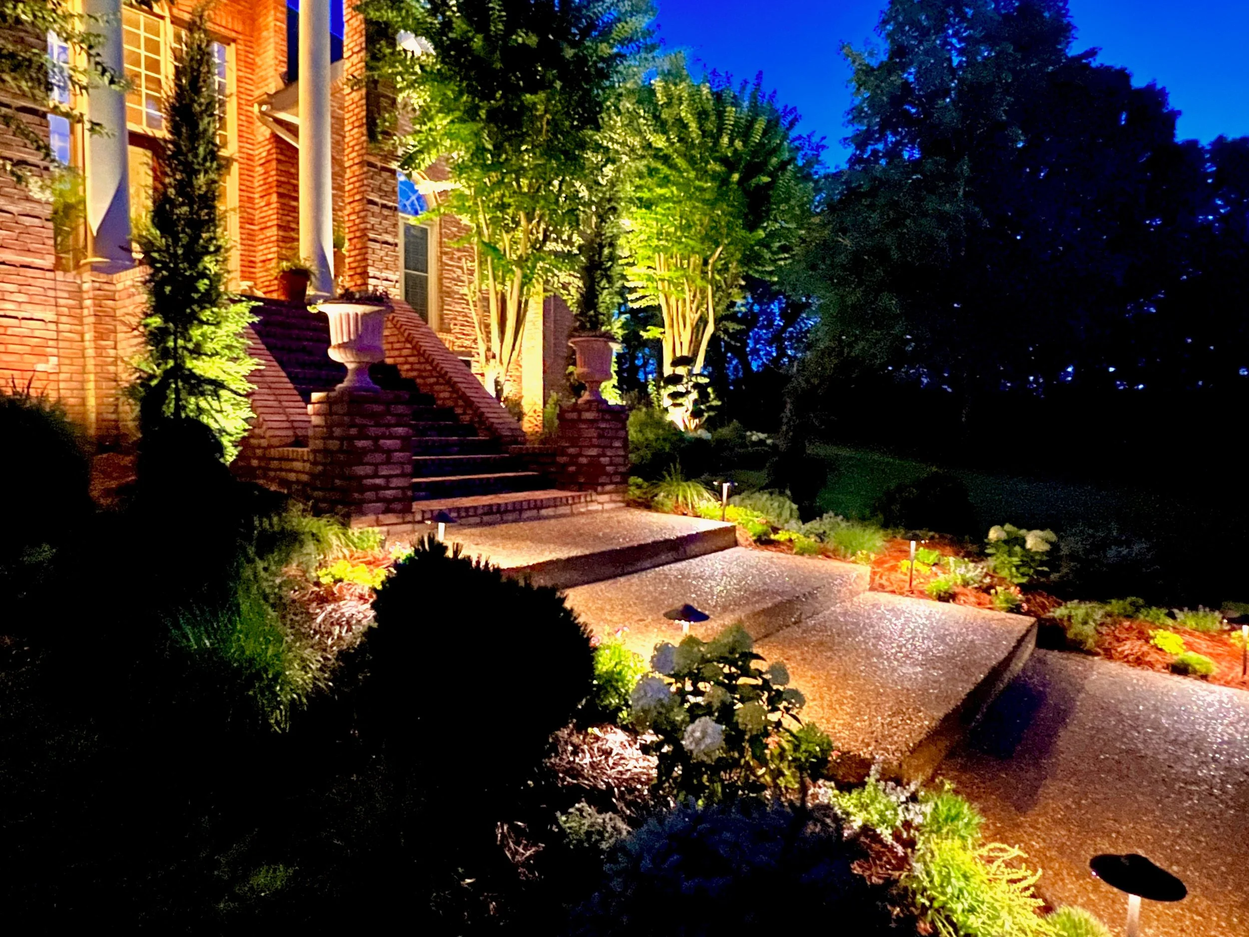 Whole property garden commission at night by The Grass Girl, Nashville Tennessee — uplighted crape myrtles, fastigiate evergreens, glowing pathway, and estate entry at dusk.