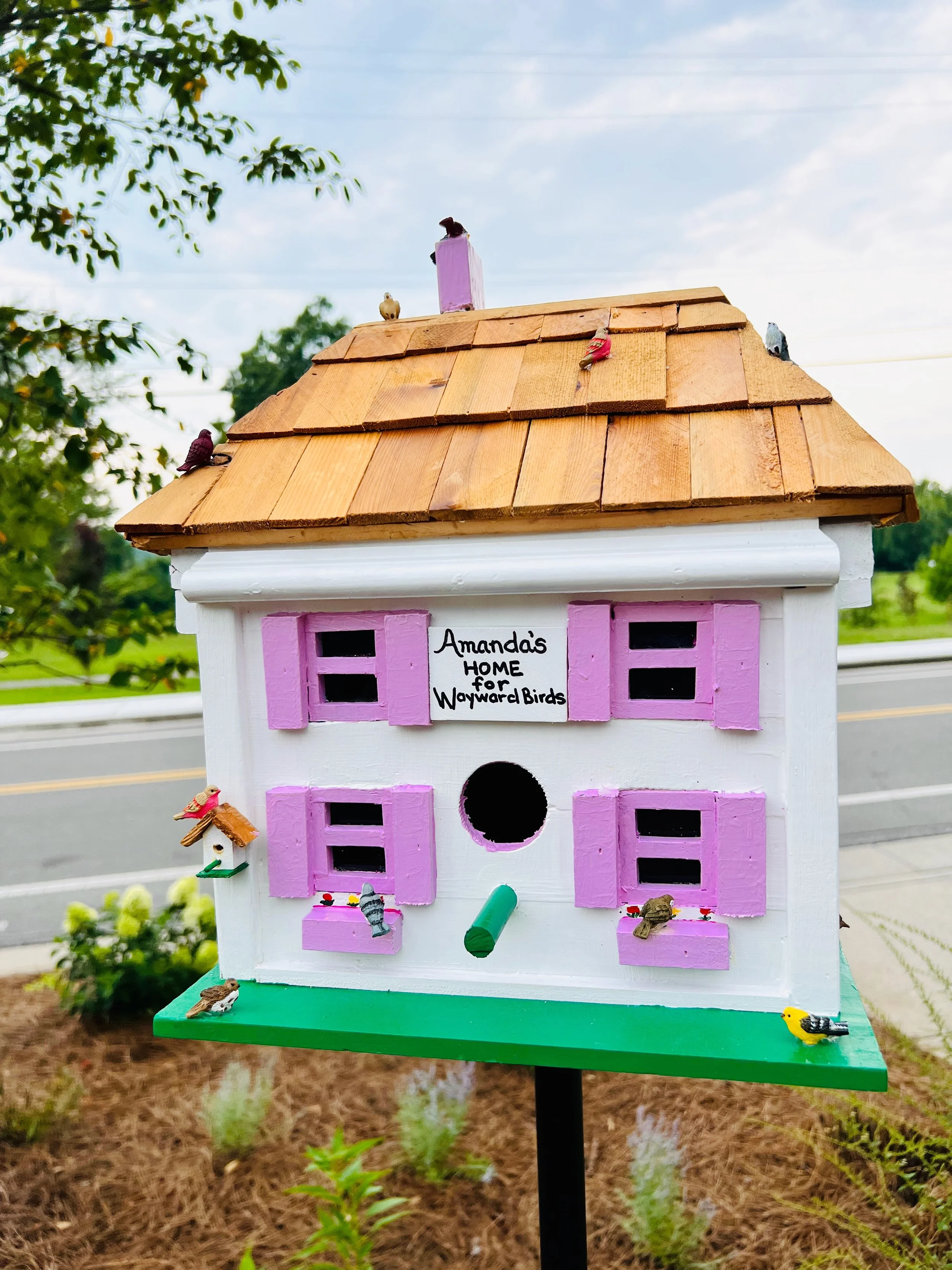 A custom bird house 'home for wayward birds' custom designed by The Grass Girl, sitting in a native pollinator Nashville garden to attract nesting birds in the garden
