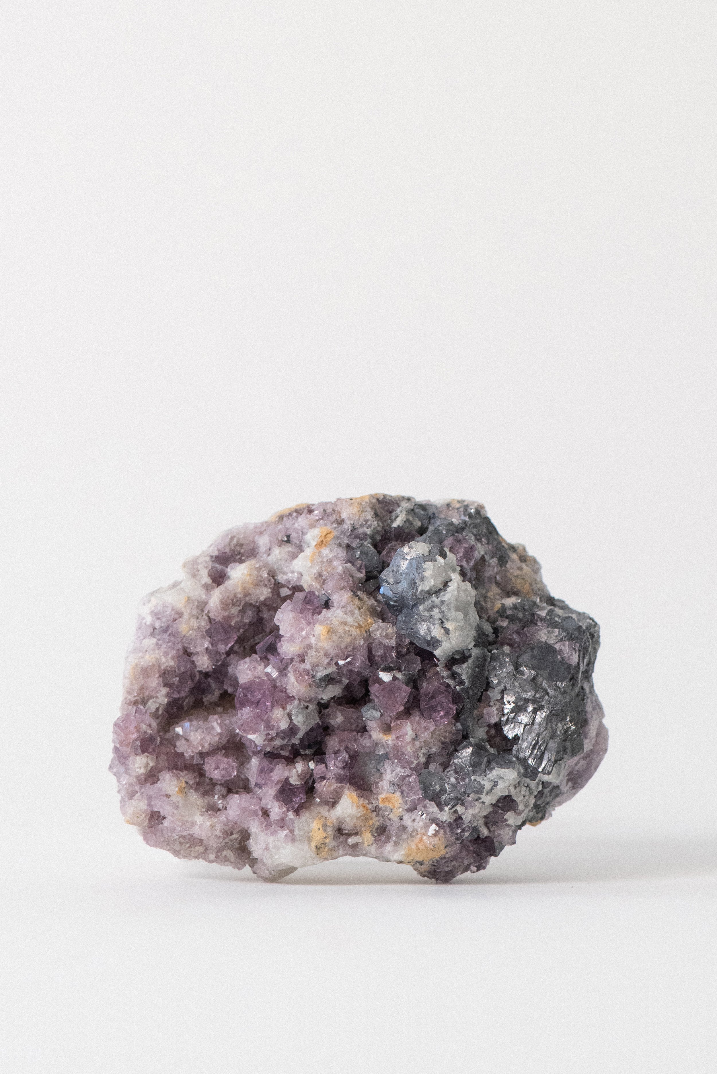Side profile of lilac fluorite crystals and galena from historic Blackdene Mine