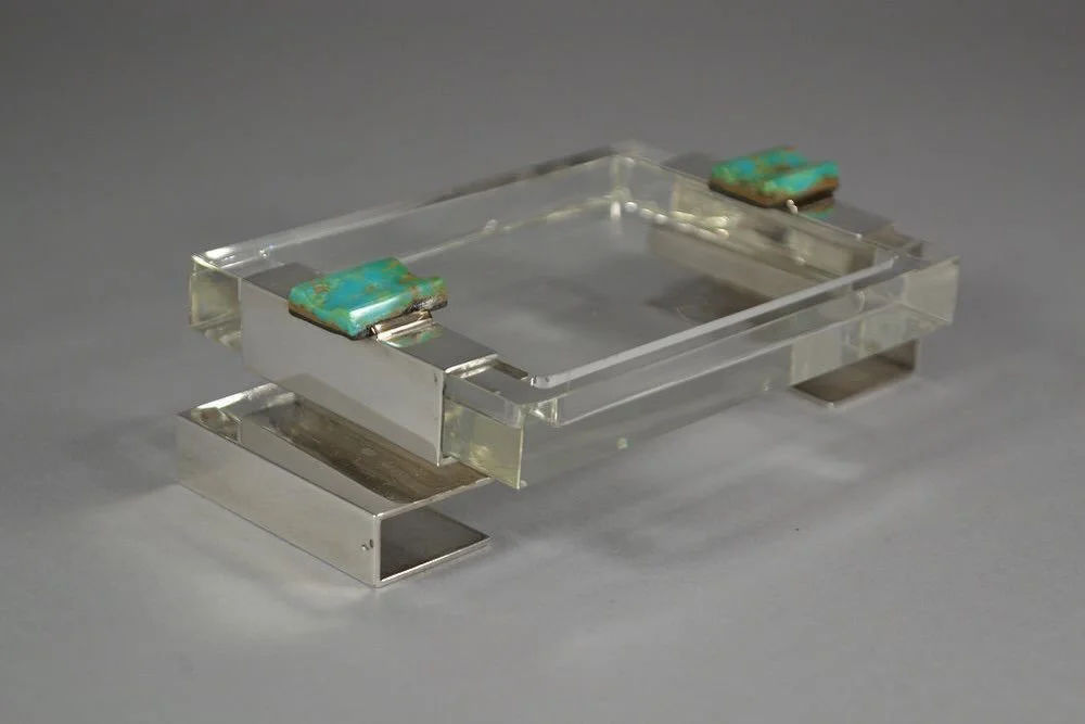 Art deco sterling silver and turquoise ashtray, c. 1930s.