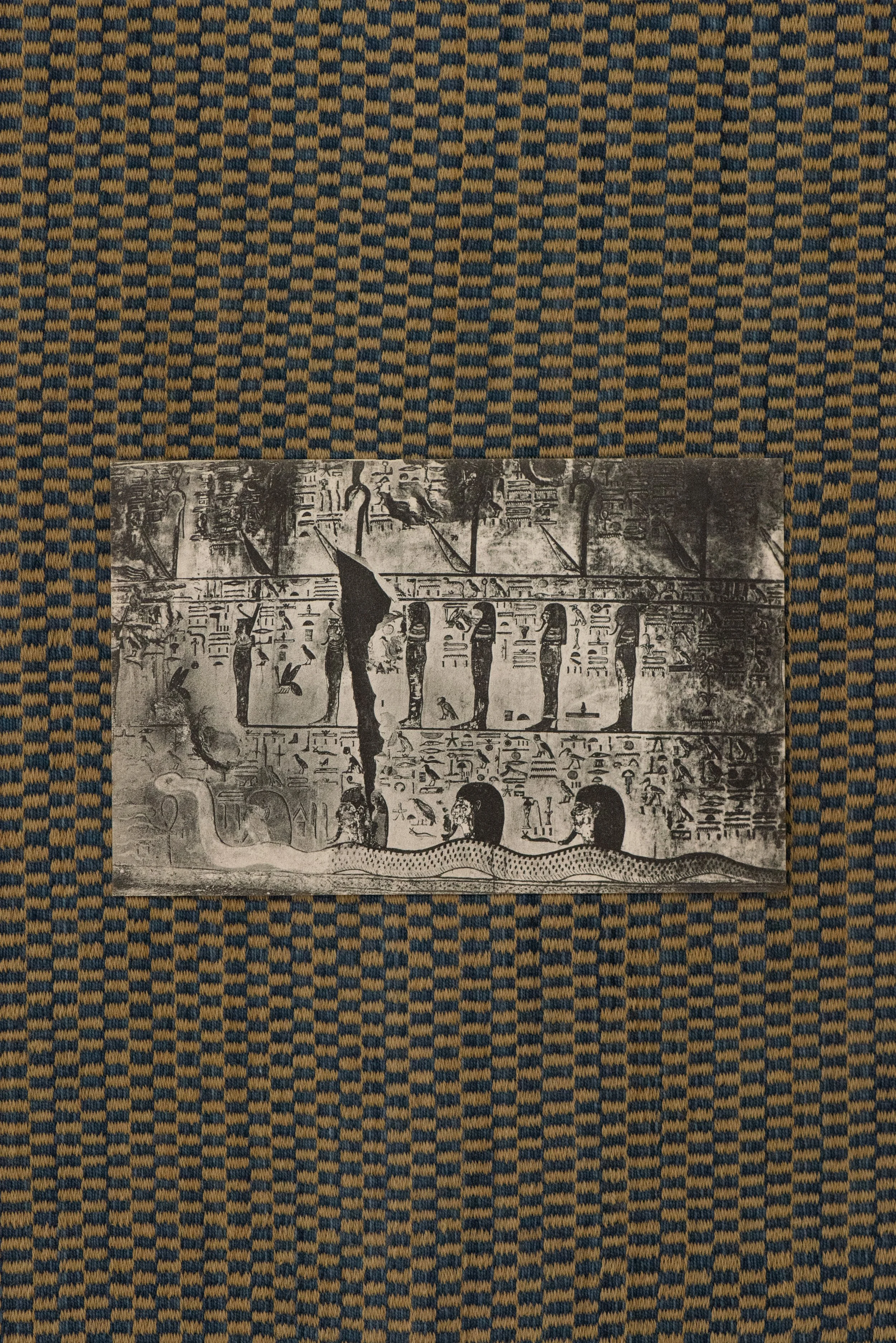 Vintage Egyptian postcard showing an ancient tomb scene with hieroglyphics and figures, Valley of the Kings.