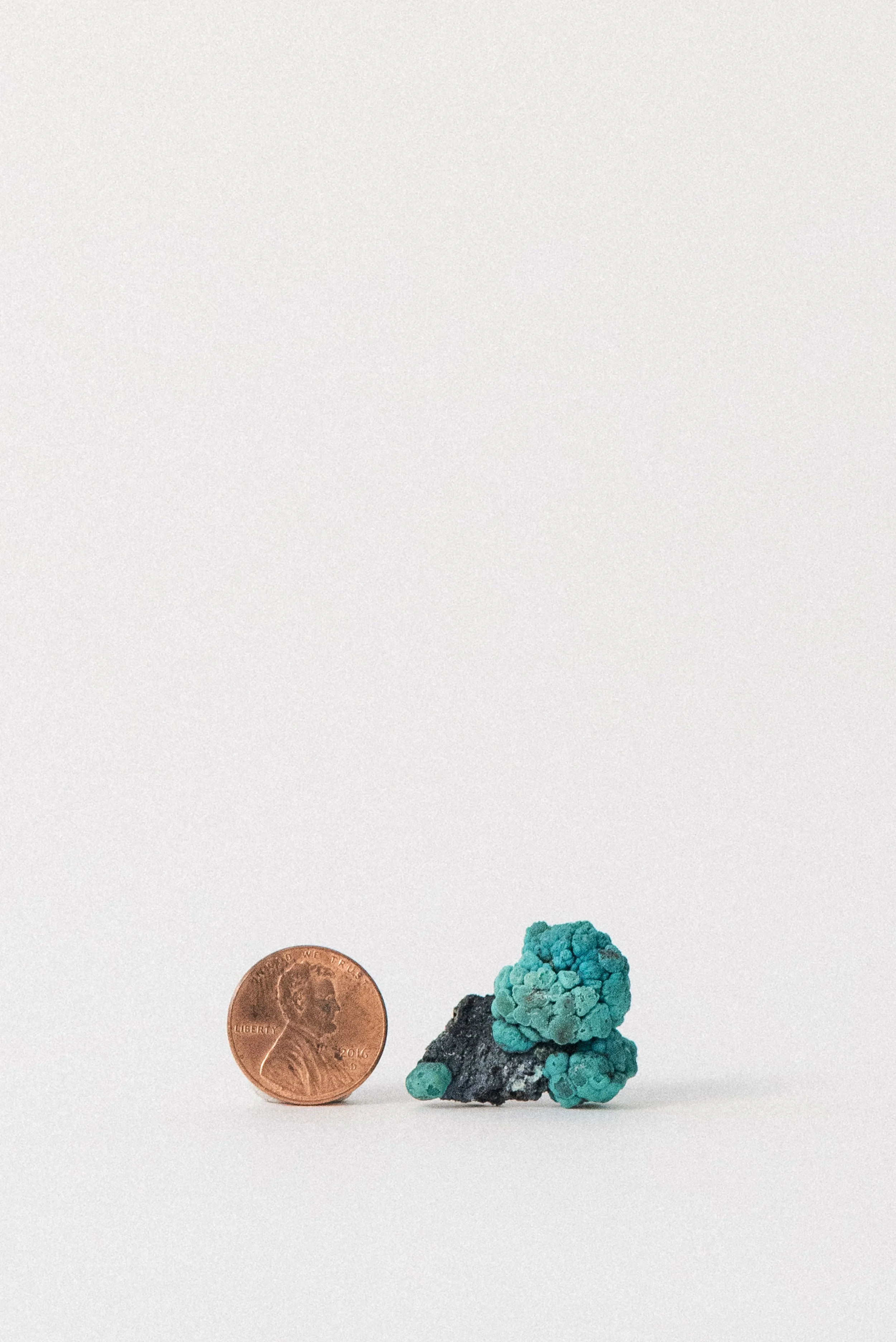 Chrysocolla pseudomorph after Malachite from Planet Mine, Arizona, shown next to a U.S. penny for scale on a white background.