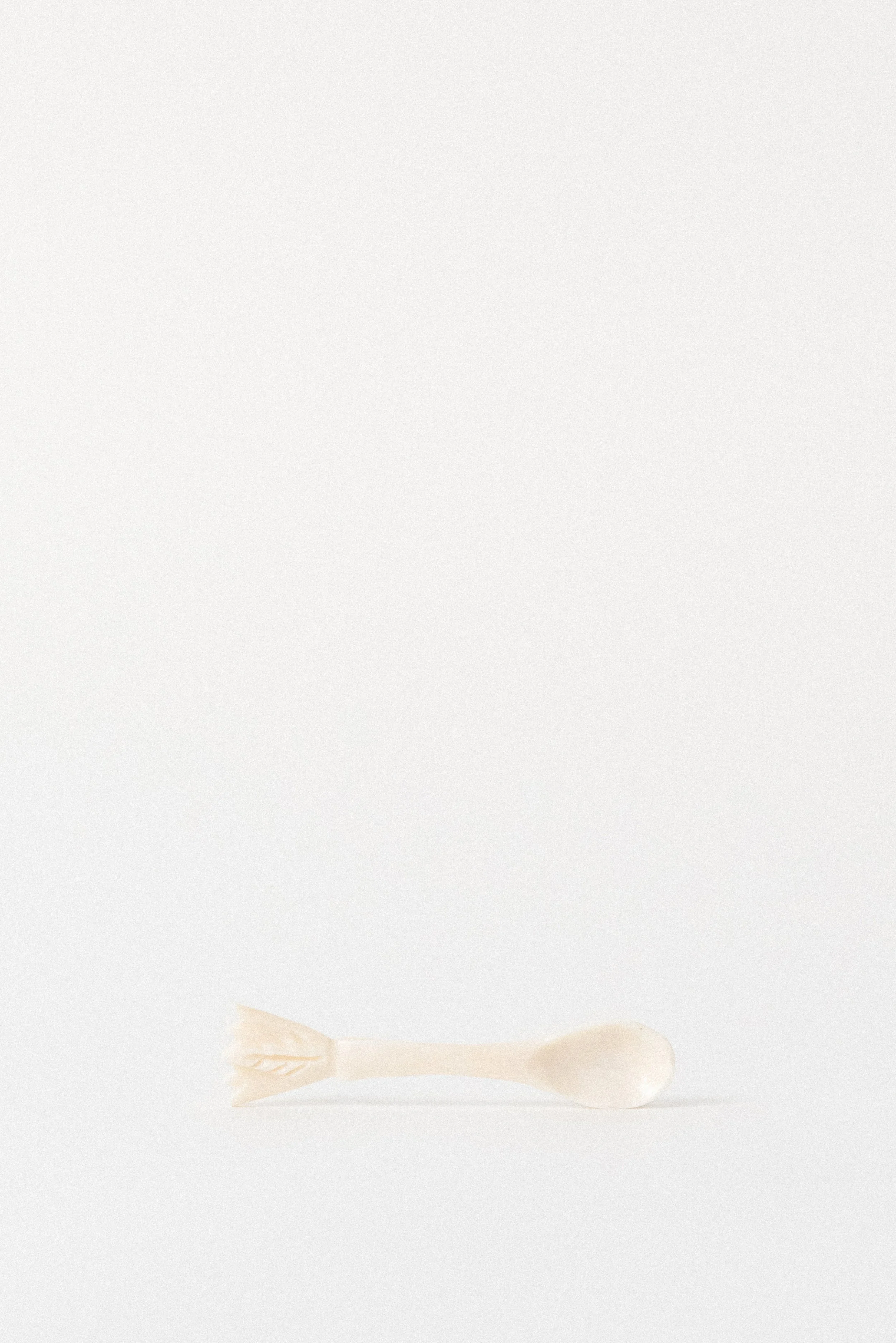 Hand-carved Egyptian camel bone spoon with small rounded bowl and carved arrow detail, front view.