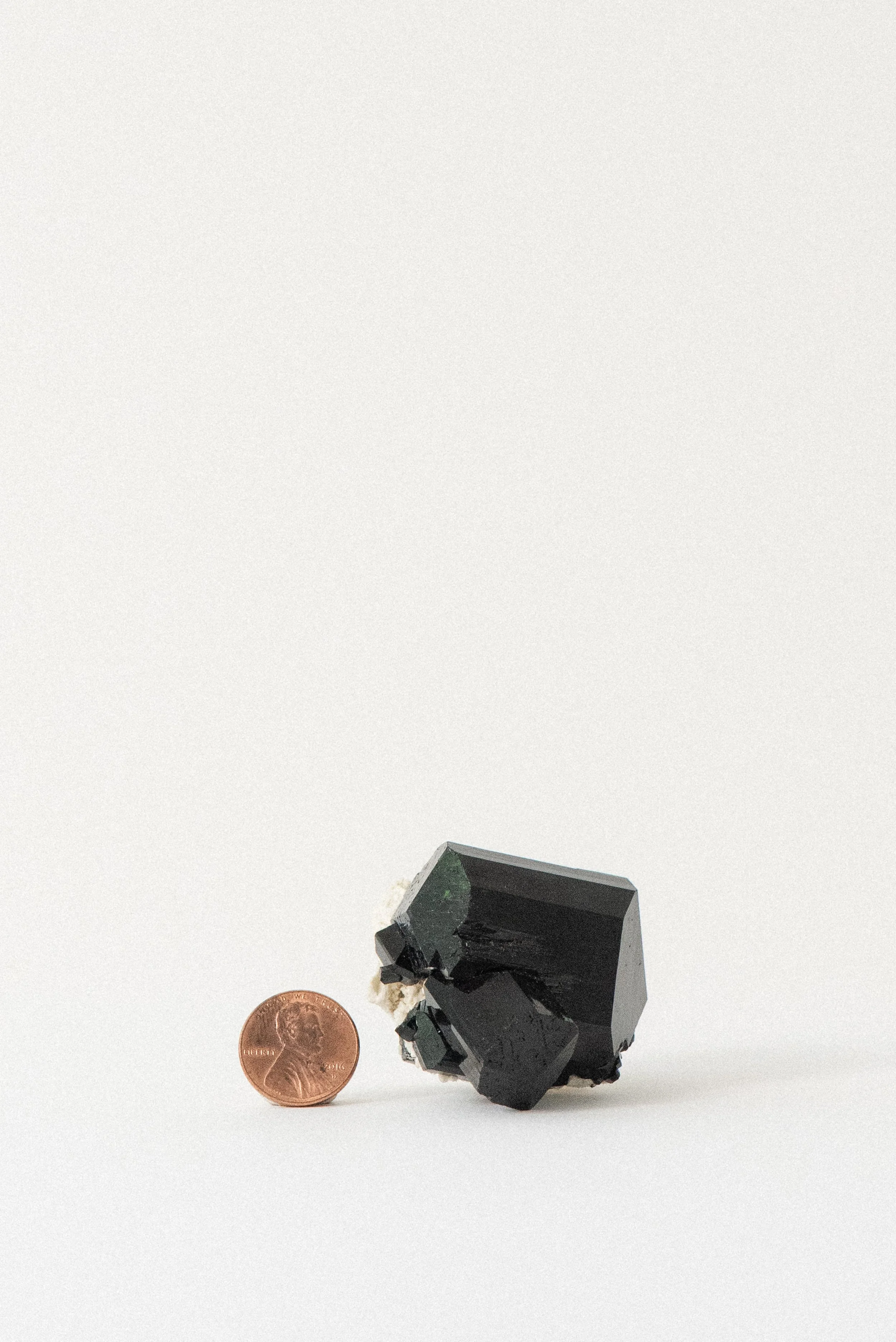 Black tourmaline crystal with green undertones and cream matrix from Erongo Mountains, Namibia, shown with penny for scale