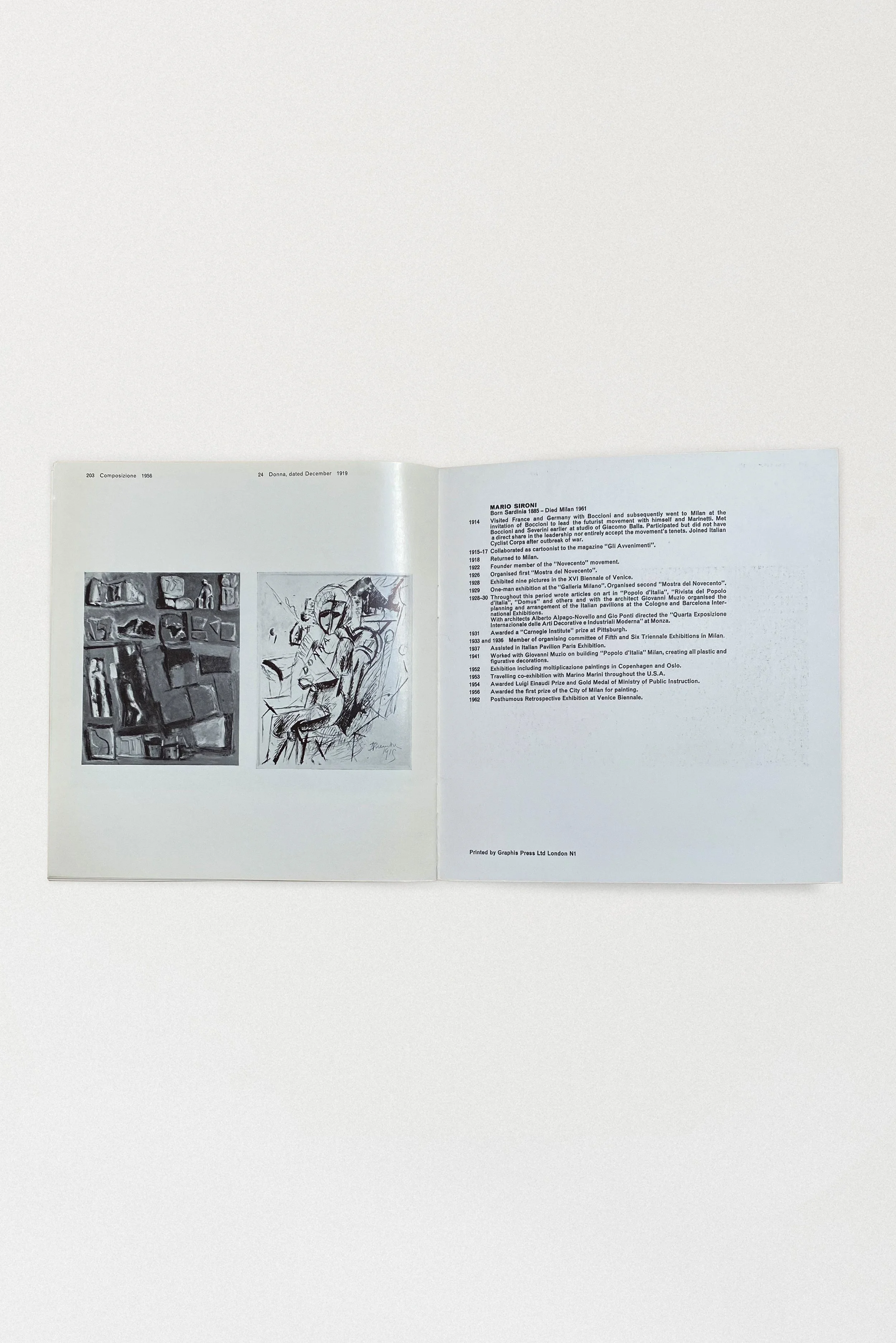 Interior spread from the 1964 Mario Sironi exhibition catalogue published by Grosvenor Gallery.
