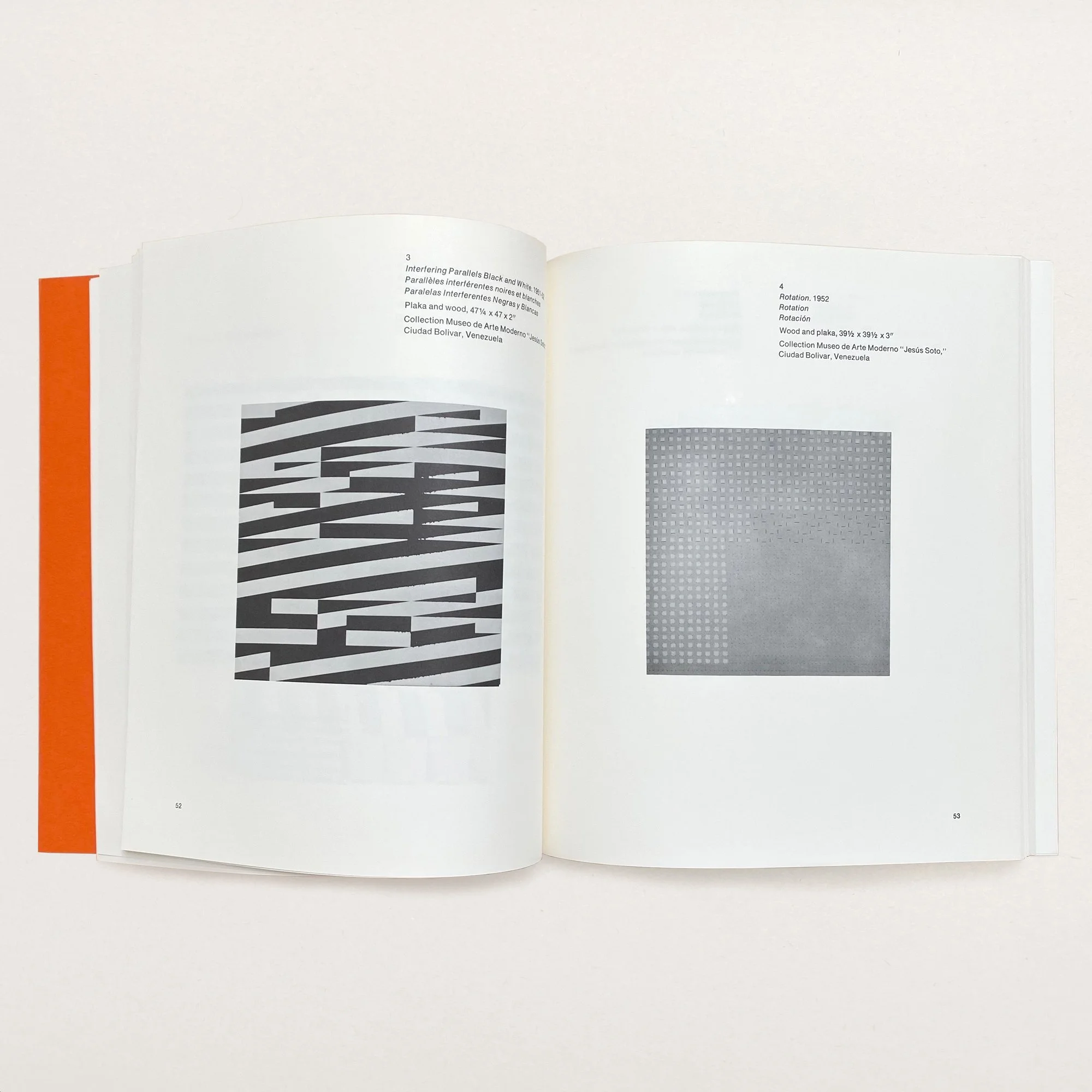 Interior pages of SOTO: A Retrospective Exhibition (Guggenheim, 1974) showing black-and-white kinetic artworks by Jesús Rafael Soto, including Interferencia Paralela and Rotación.
