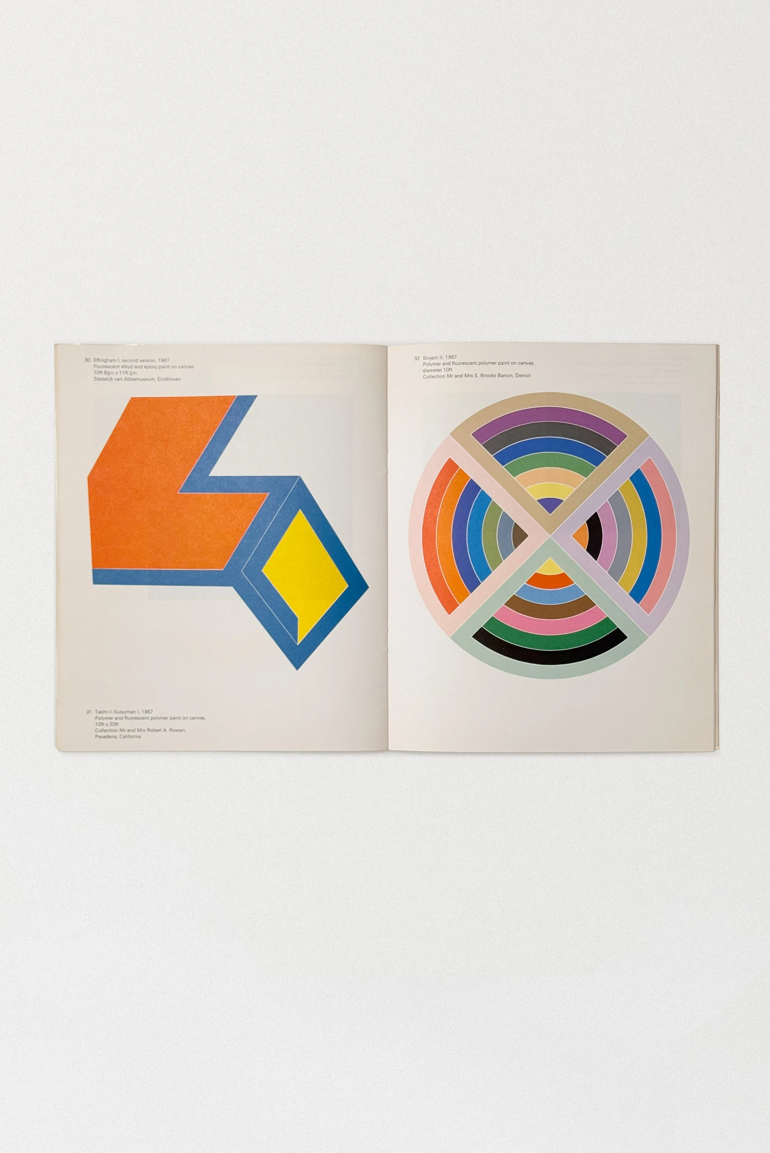 Colorful interior spread from the 1970 Frank Stella retrospective catalog at Hayward Gallery, featuring geometric abstract works "Effingham I" and "Sinjerli I" with hard edge forms in vivid hues.