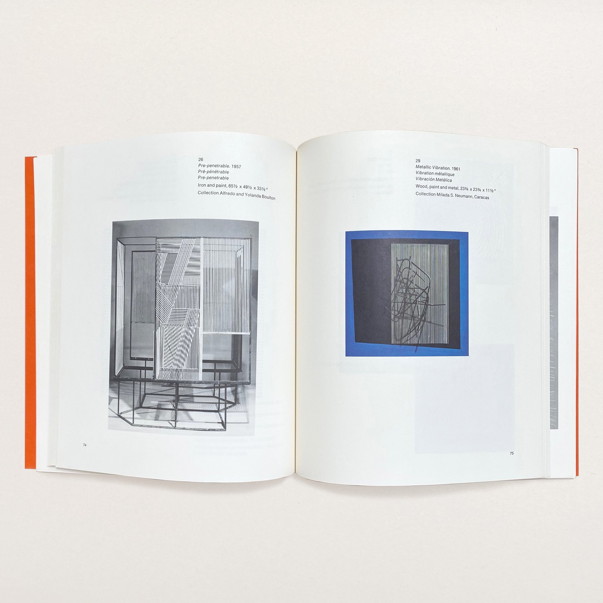 Interior pages from SOTO: A Retrospective Exhibition (Guggenheim, 1974) featuring Pre-penetrable (1957) and Metallic Vibration (1961) by kinetic artist Jesús Rafael Soto.