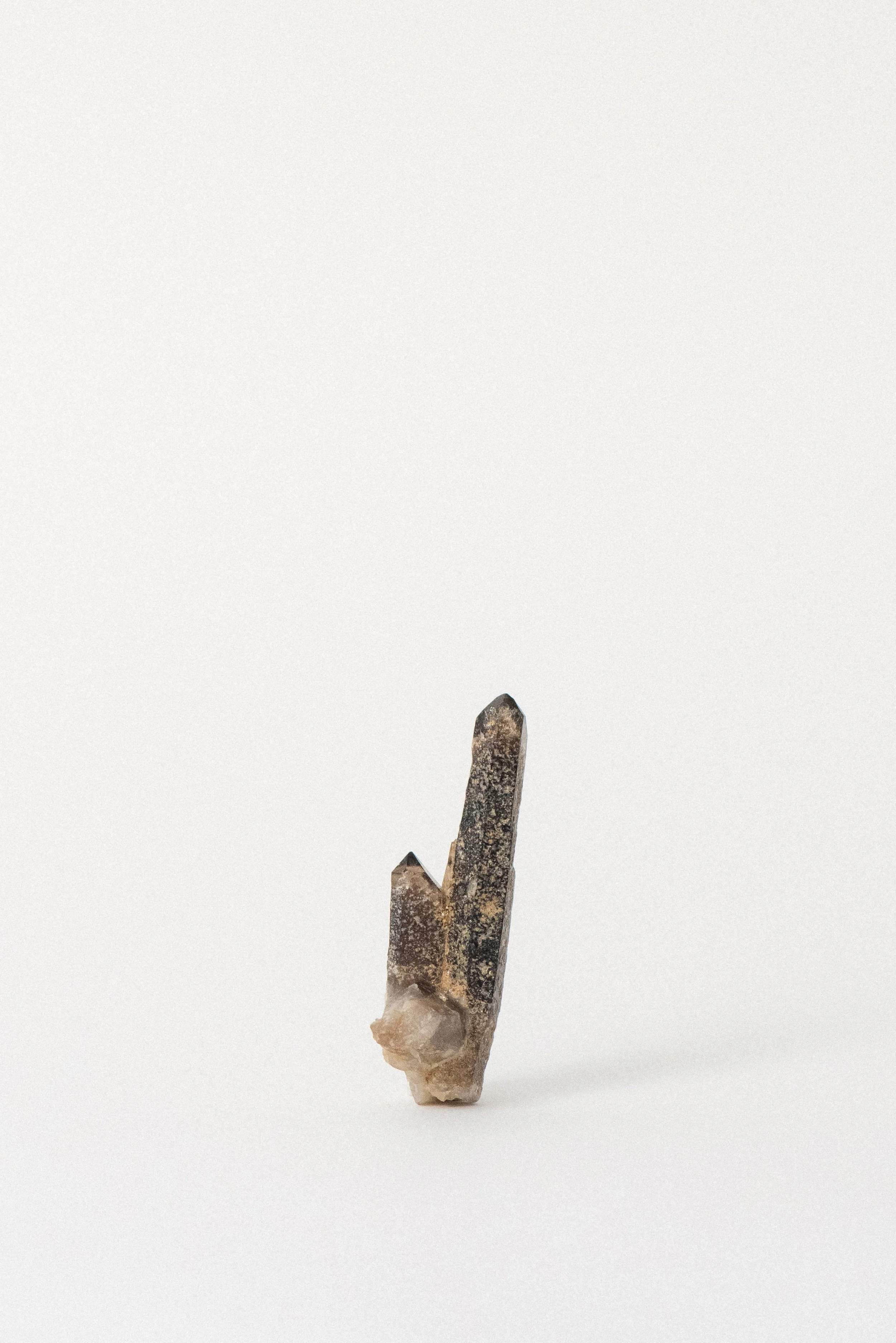 Smoky quartz points with mineral inclusions, standing view from Petersen Mountain, Washoe County.