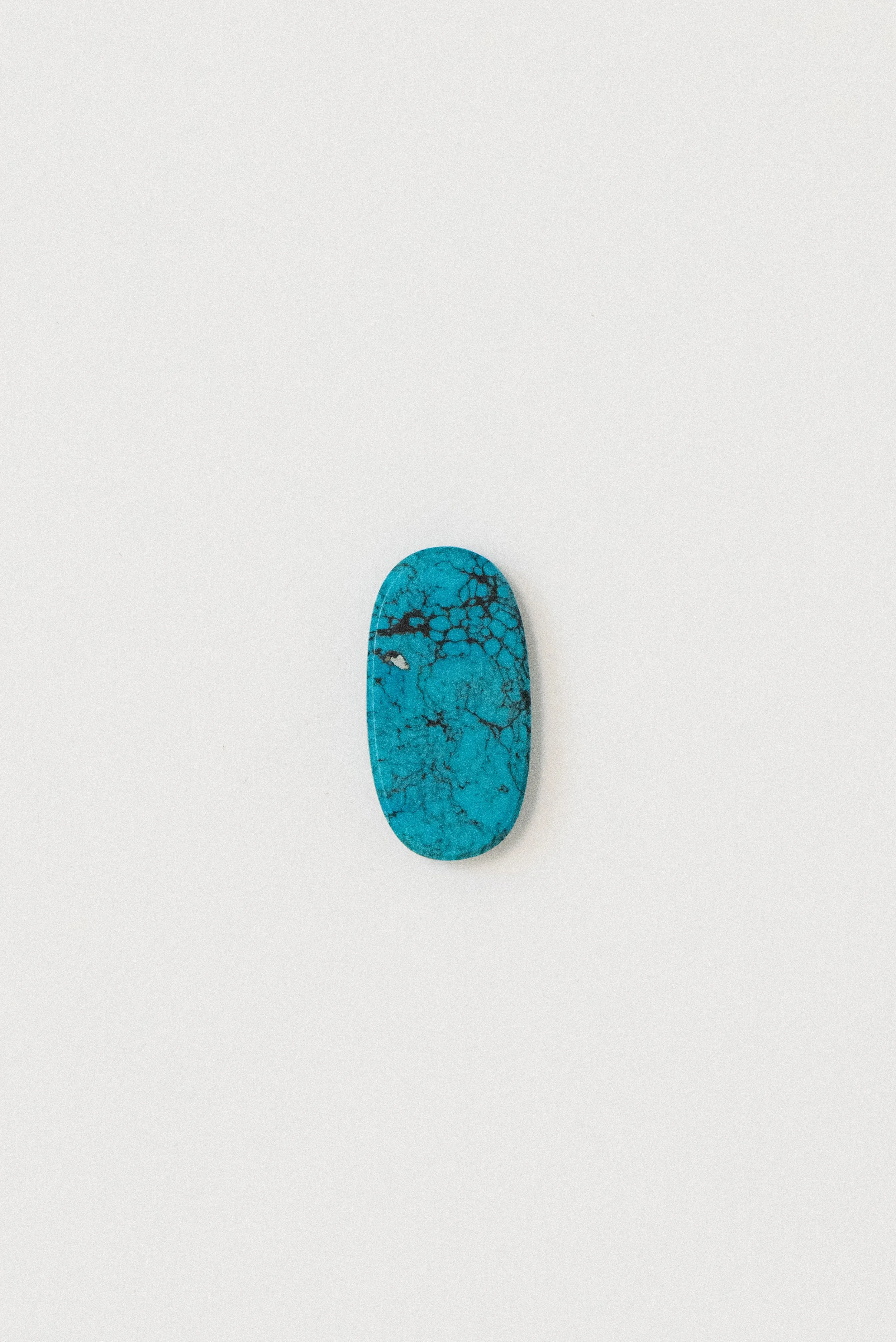 Polished turquoise cabochon from Sinai, Egypt with natural black matrix and a small surface inclusion, shown on a white background.